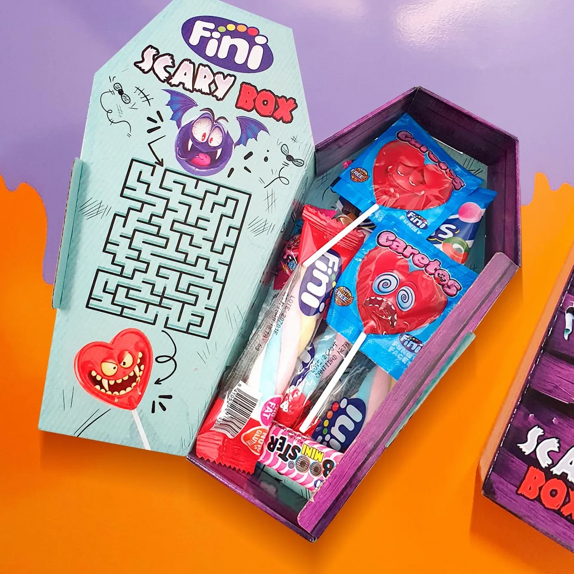 Fini Ataúd Scary Box | Surtido de Dulces con Gominolas, Piruletas, Geles y Caramelos Duros Rellenos de Chicles | Golosinas y Chuches para Halloween, Cumpleaños y Regalos - 92 gr