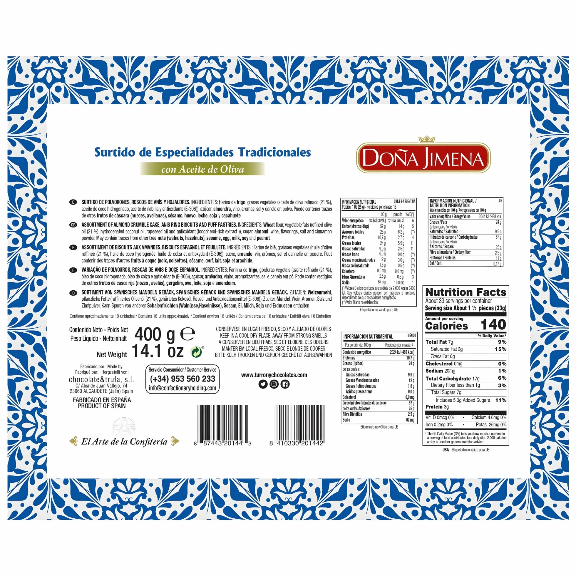 DOÑA JIMENA - Surtido Tradicional con Aceite de Oliva, Producto Vegano, Especialidades, Placer para compartir, 400grCalidad Suprema