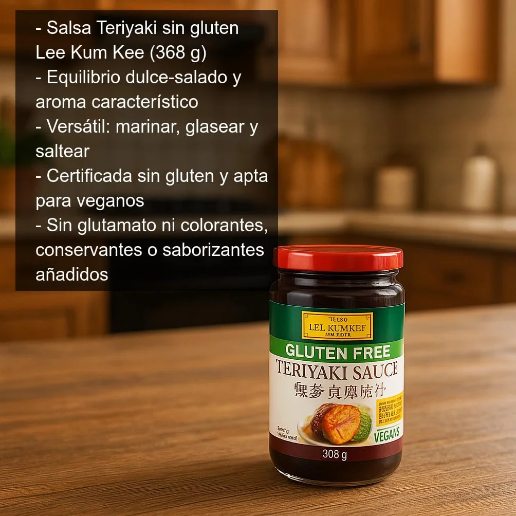 Salsa Teriyaki sin gluten 368 g en frasco de vidrio, ideal para marinar, glasear y saltear carnes, pescado, tofu y verduras, sabor japonés dulce-salado