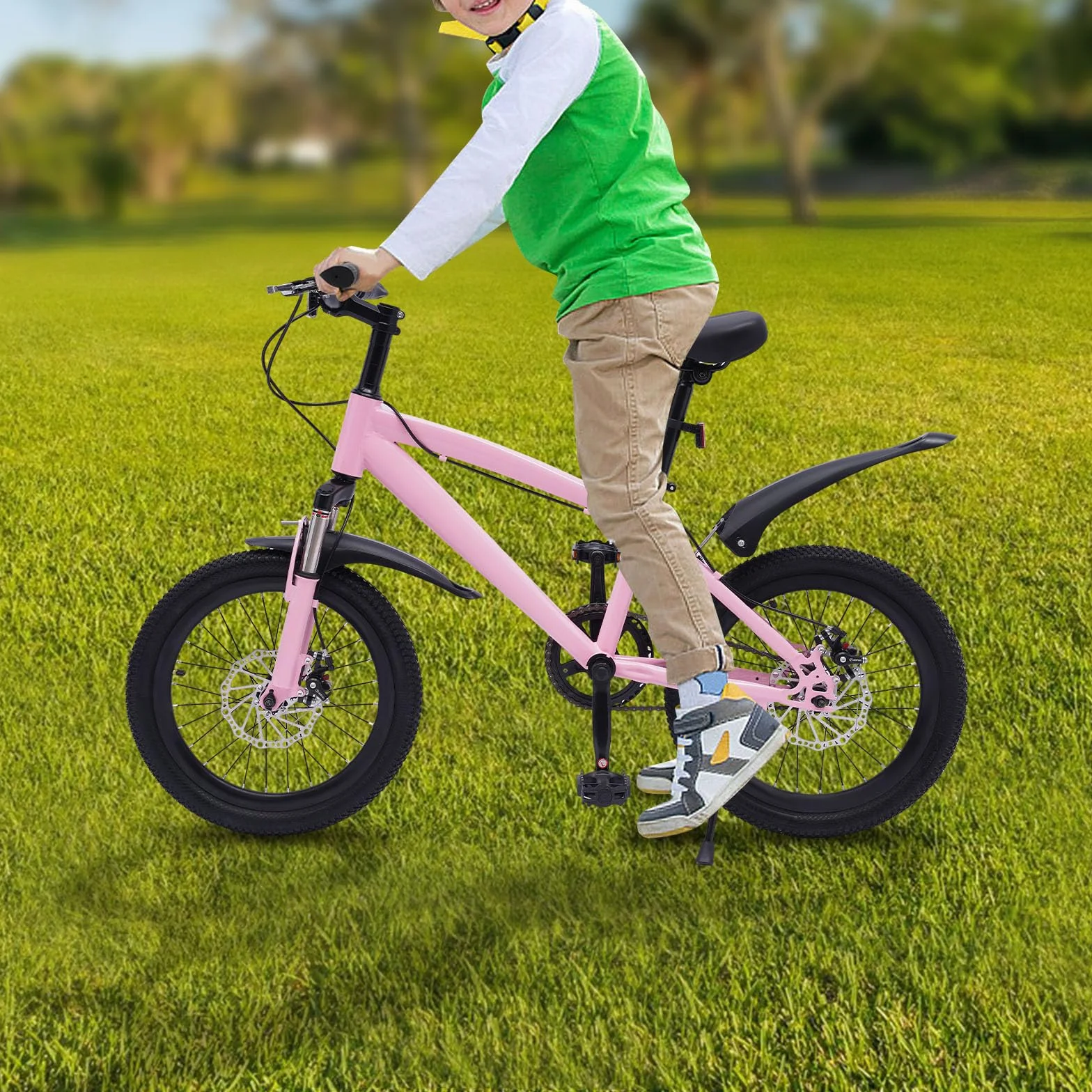 Bicicleta de montaña 18 pulgadas niños guardabarros reflectores freno pedal rosa negro