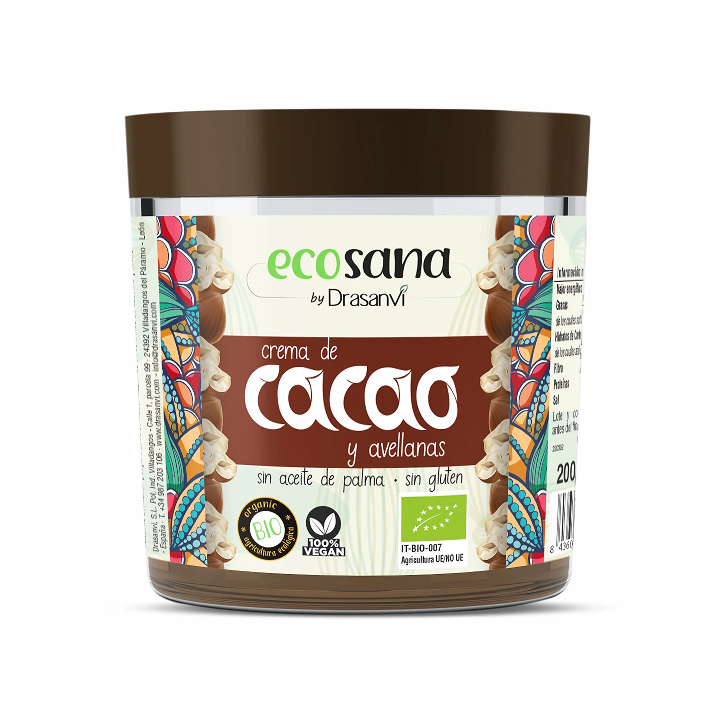ECOSANA CREMA DE CACAO Y AVELLANAS CERTIFICADO BIO by DRASANVI - Ingredientes de procedencia ecológica - SIN aceite de palma - VEGANO - SIN GLUTEN - 200g