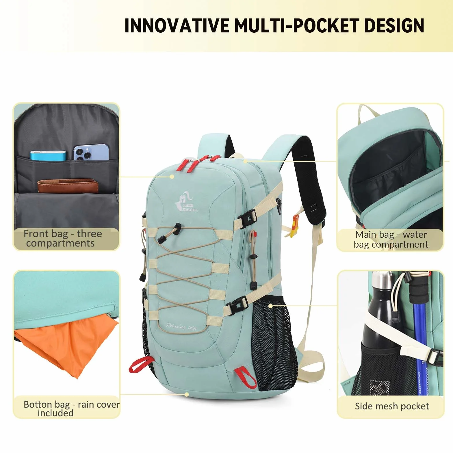 Bseash Mochila de senderismo impermeable 40L con cubierta de lluvia para viaje