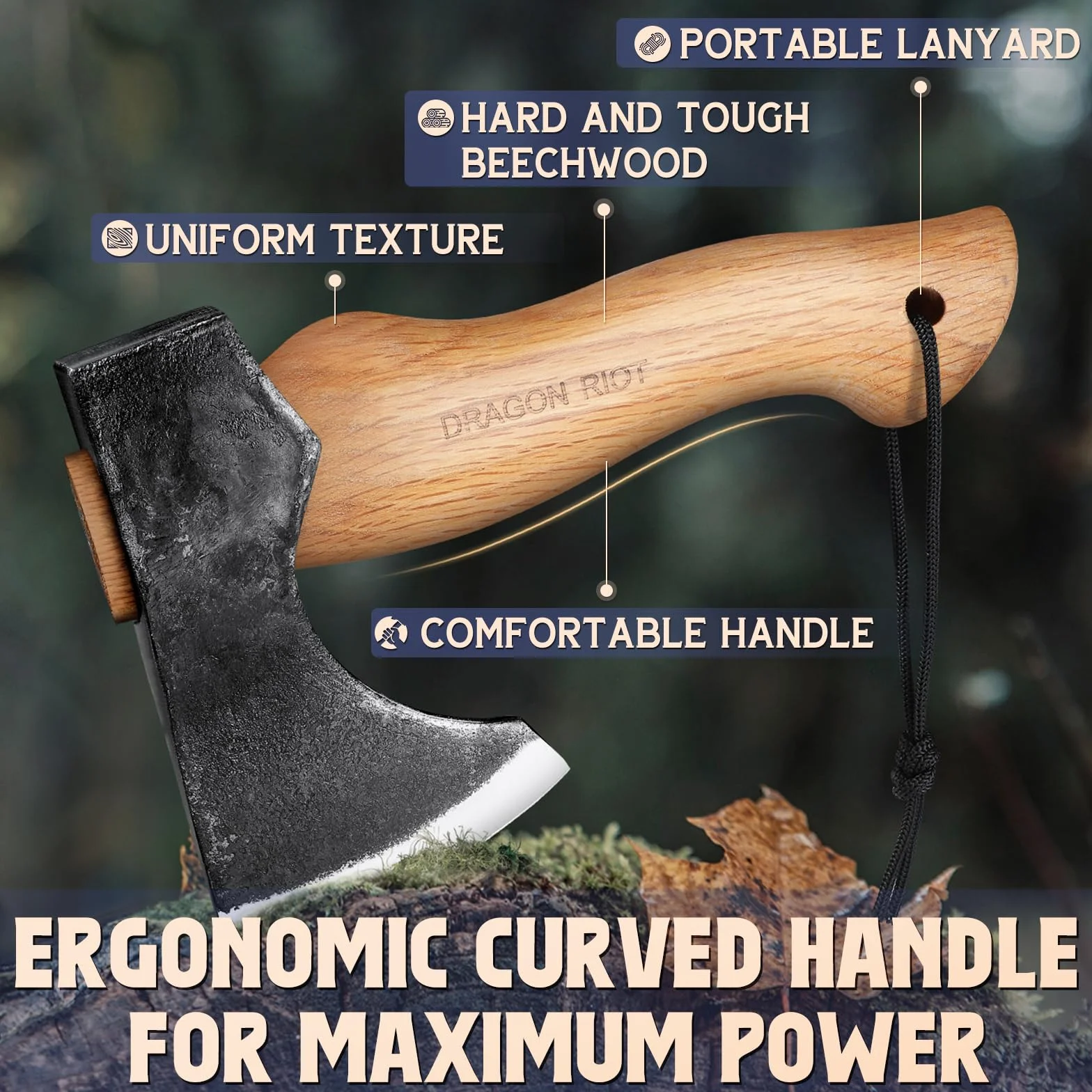 Hacha de Vikinga DRAGON RIOT 22 cm, Hacha Leña Forjada a Mano, Hacha Bushcraft con Funda