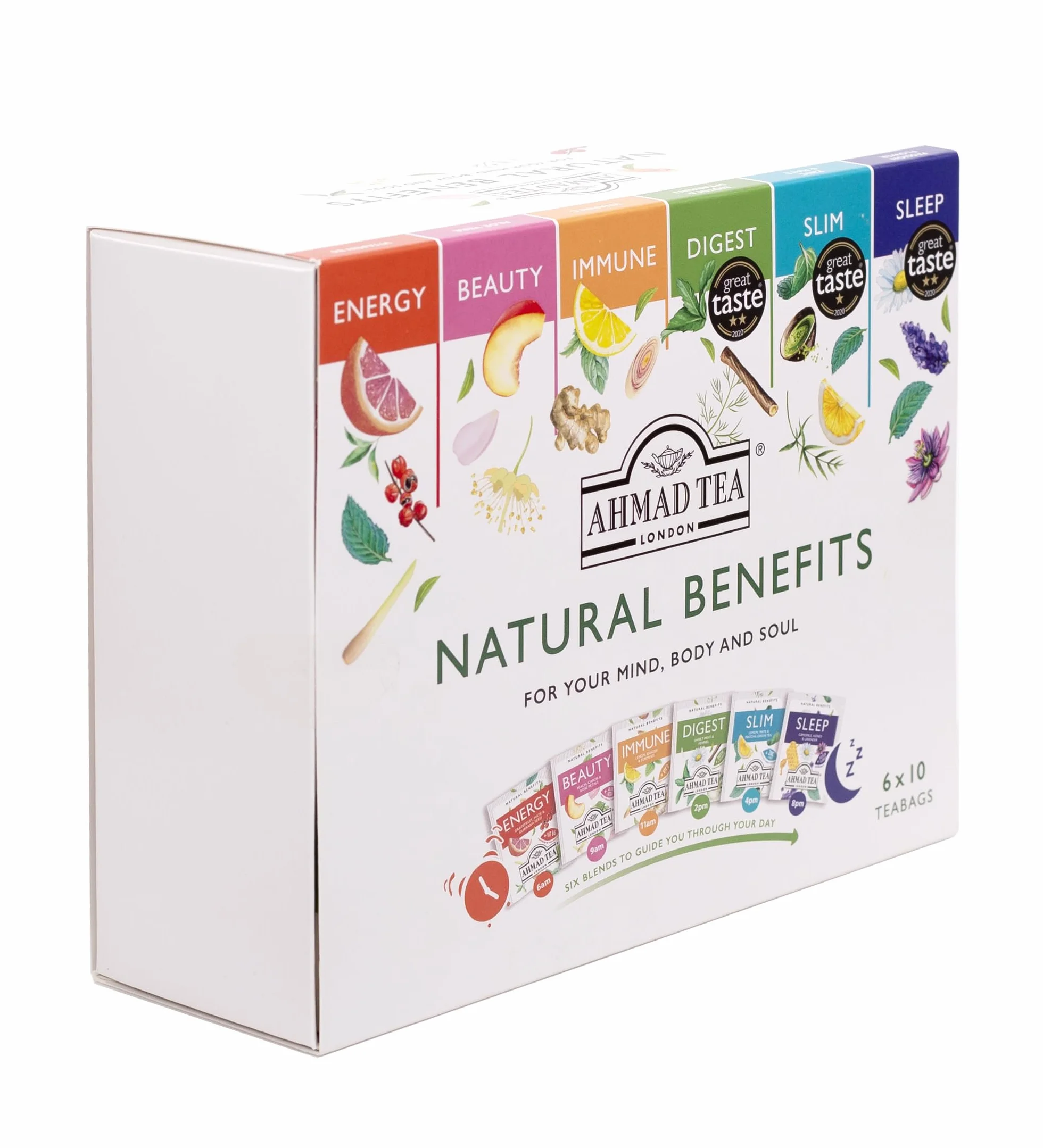 Ahmad Tea Paquete de selección de té funcional Natural Benefit | infusiones de té verde, frutas y hierbas, regalo perfecto para té de hierbas, 60 bolsitas de té | 6 mezclas