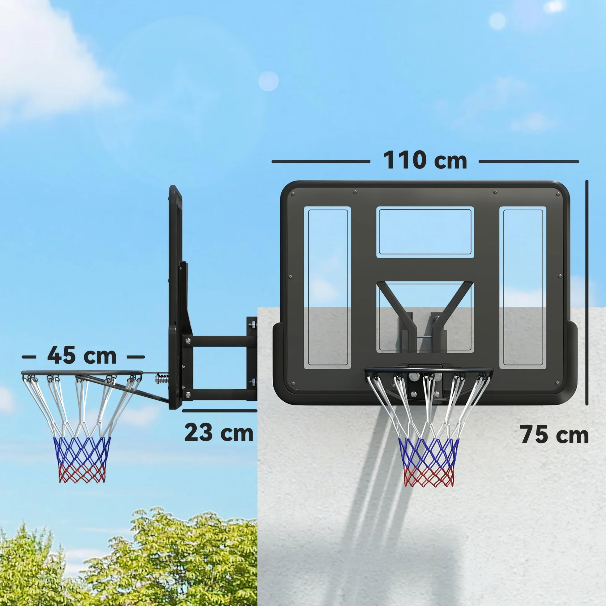 SPORTNOW Canasta de Baloncesto de Pared 110x75 cm Tablero Irrompible Red Resistente Negro