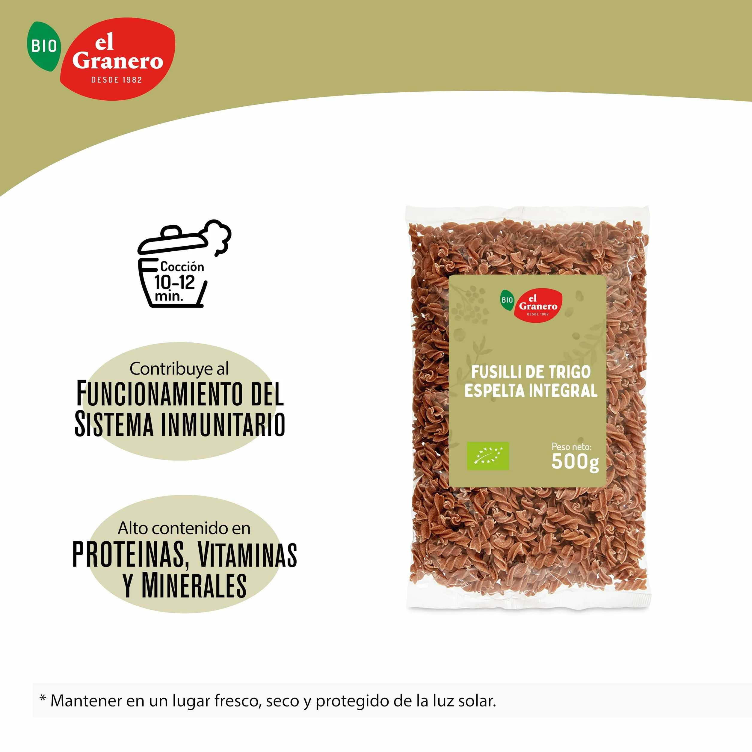 El Granero Integral - Fusilli de Trigo Espelta Integral BIO - 500 g - Fuente Rica en Proteínas - Alto Aporte Energético - Ideal para Todas las Recetas de Pasta - Apto para Veganos