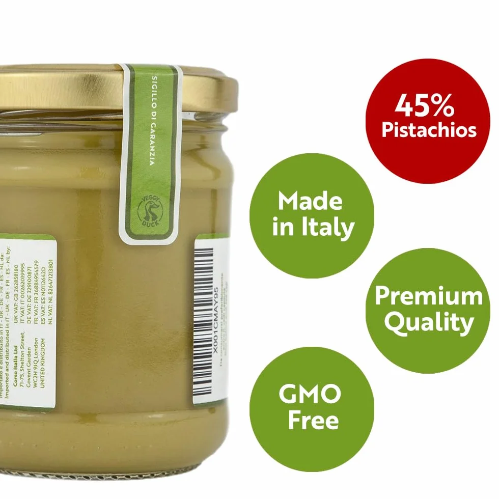 Veggy Duck - Crema de Pistacho (200g) | Con 45% Pistachos | Sabor Dulce | Comida Artesanal Italiana Gourmet | Ideal para Desayunos y Postres