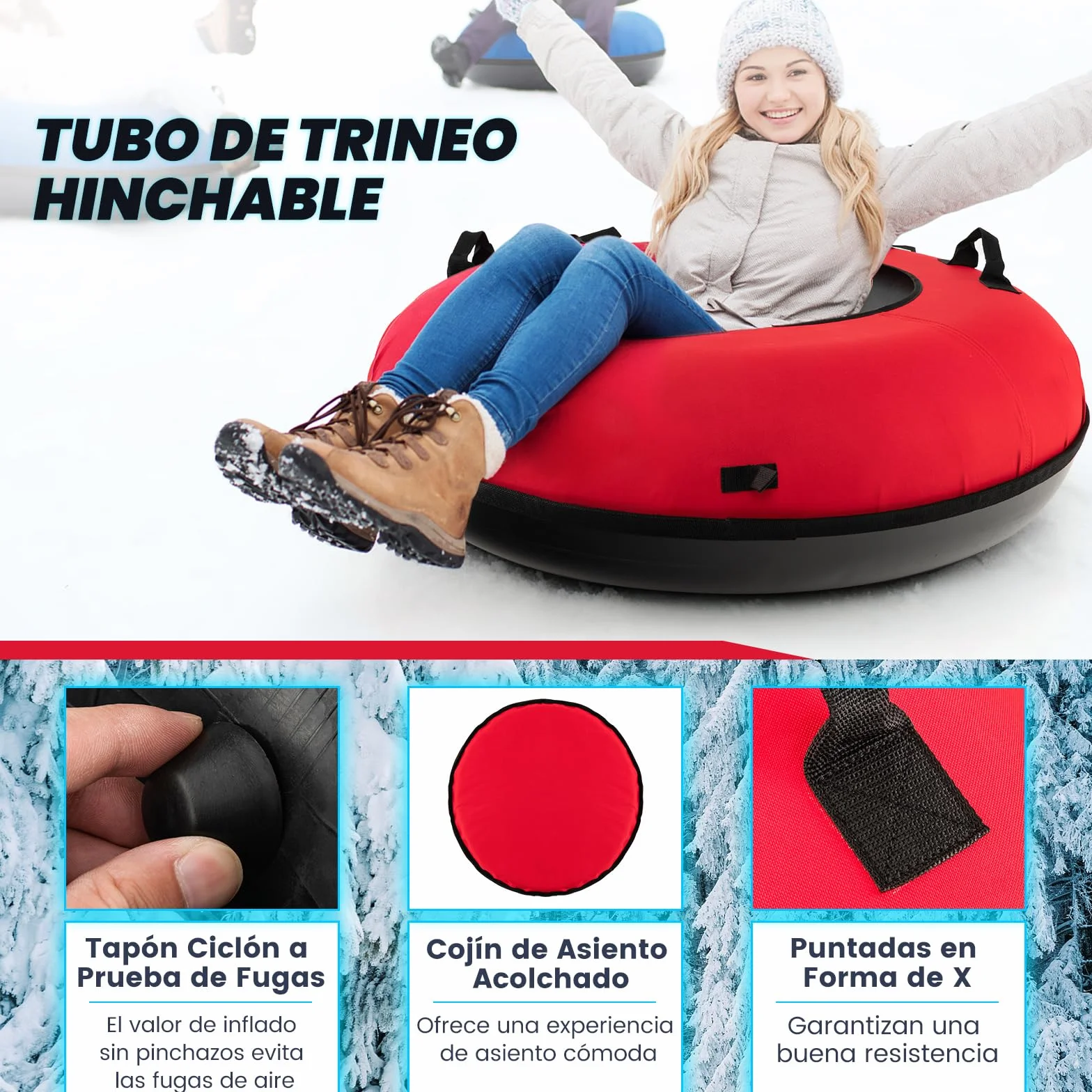COSTWAY Trineo de Nieve Inflable φ100 cm, Tubo de Nieve para Niños y Adultos con Fondo Duro