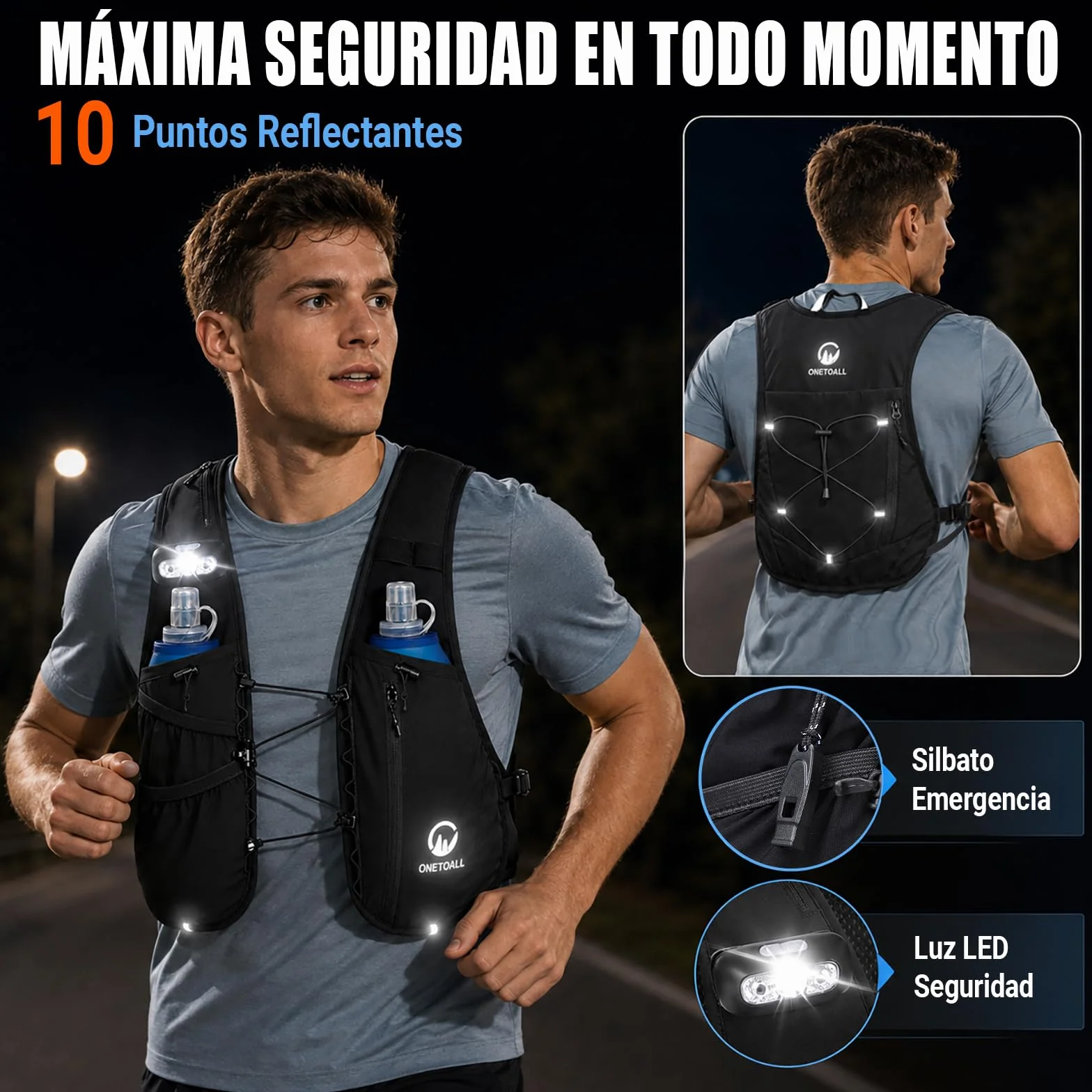 Chaleco Hidratacion Trail Running para Hombre Mujer con 2× Soft Flask 500ml y Luz LED Recargable Ultraligero