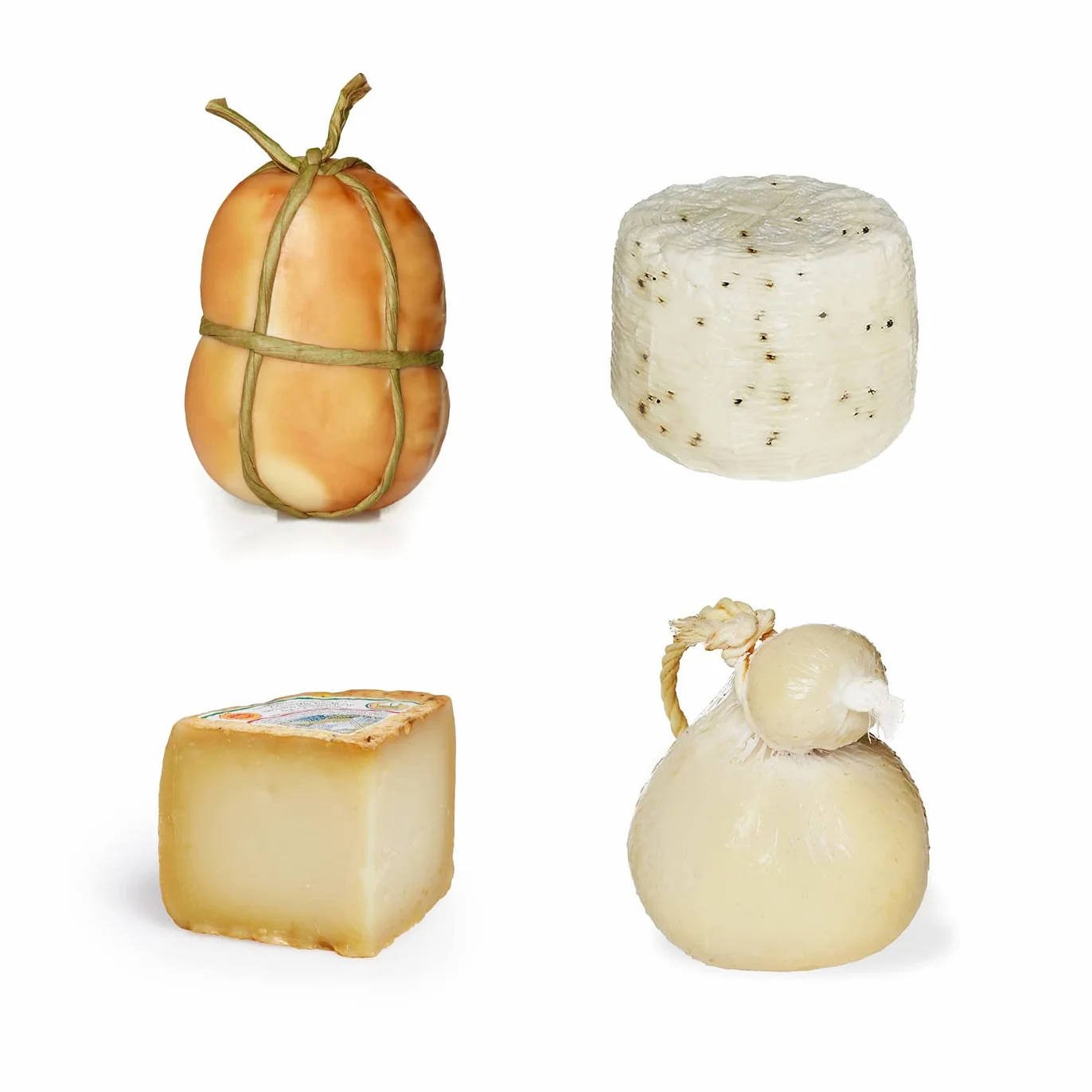 Caja de degustación de quesos italianos | Formato económico | Provola ahumado 450g, Queso Primo Sale a la pimienta 950g, Pecorino Toscano 450g y Caciocavallo clásico 750g
