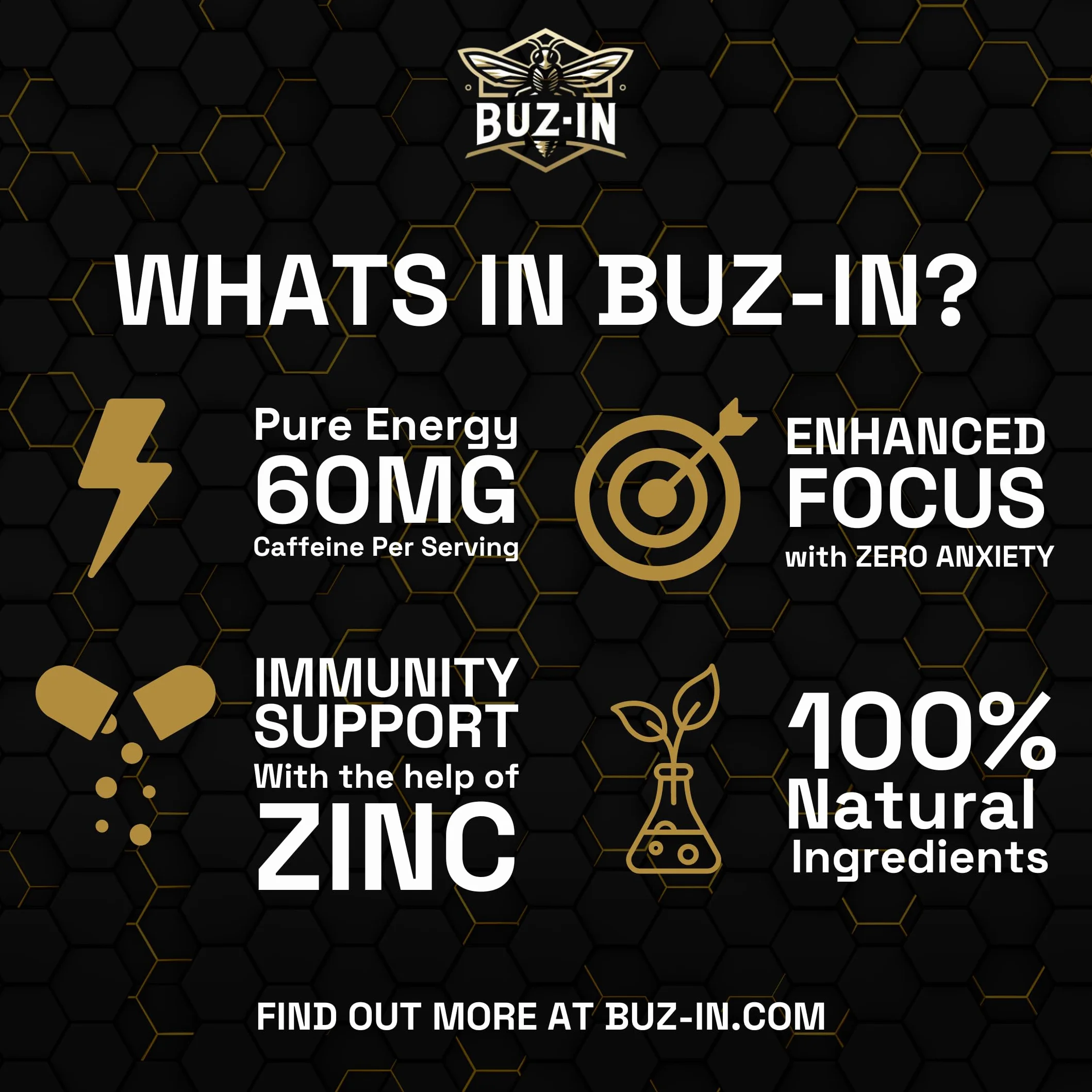 Bolsas de Energía de Cafeína 60 mg BUZ-IN | 20 Unidades | Energía 100% Natural para Atletas