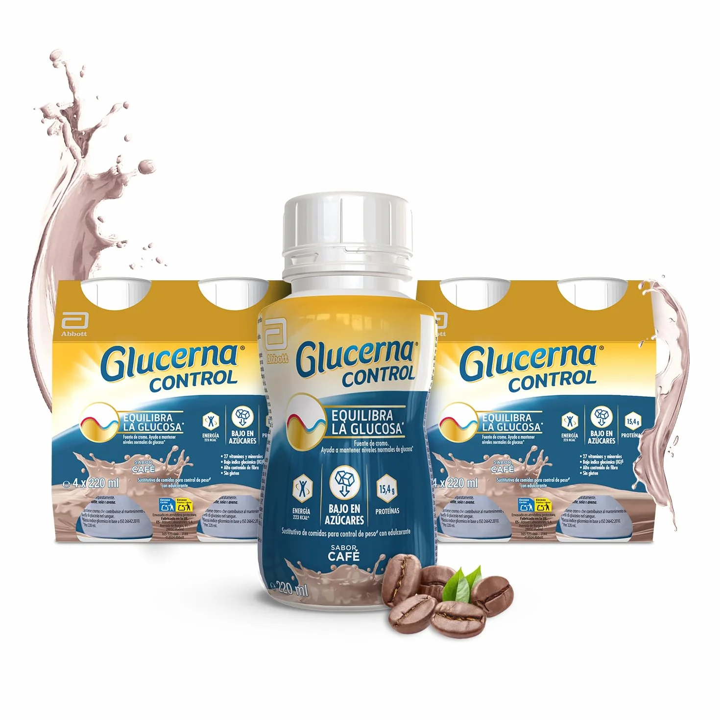 Glucerna Control sabor café, sustitutivo de comidas listo para tomar, equilibrio de glucosa gracias al cromo, pack 8x220ml