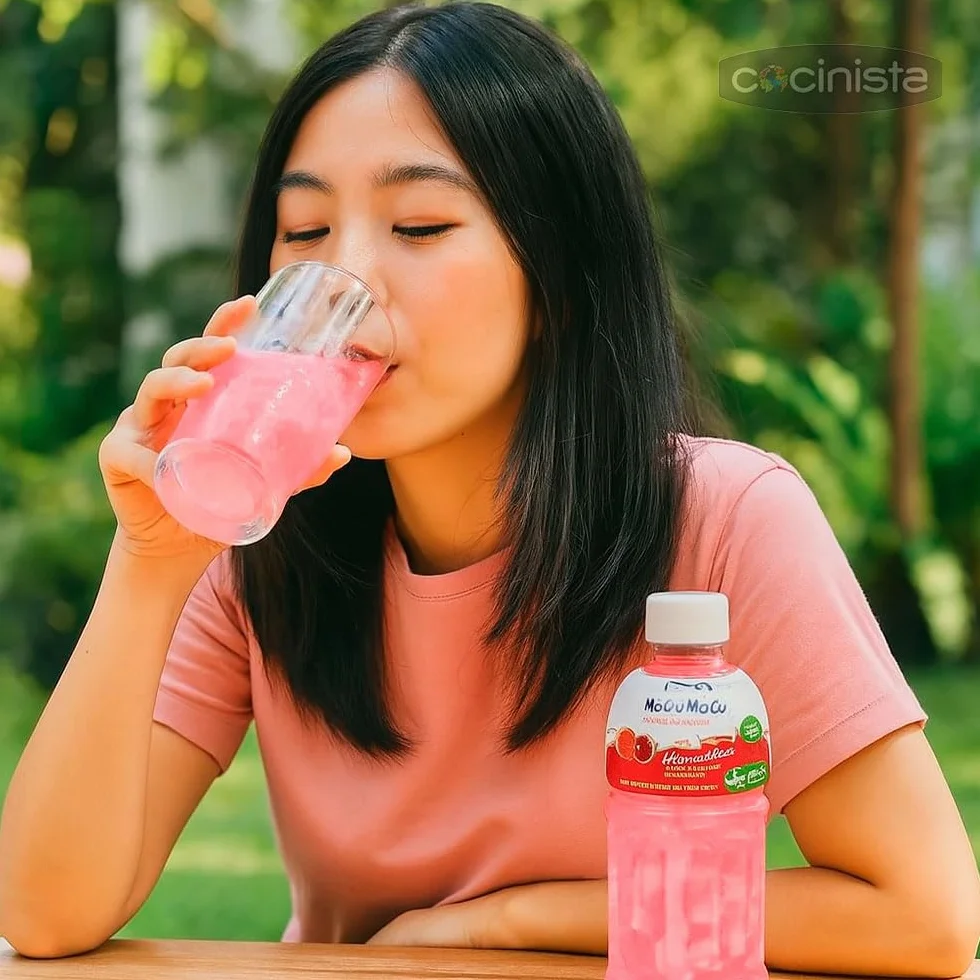 Bebida asiática Mogu Mogu sabor fresa con jelly de nata de coco 320 ml Pack 3 botellas refresco con trocitos masticables, lista para tomar