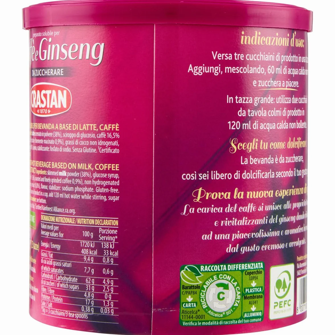 Crastan Ginseng e Caffe' Solubile, sin azúcar, ginseng instantáneo y café, 2 x (200 g, 25 tazas) + llavero Beni Culinari gratis