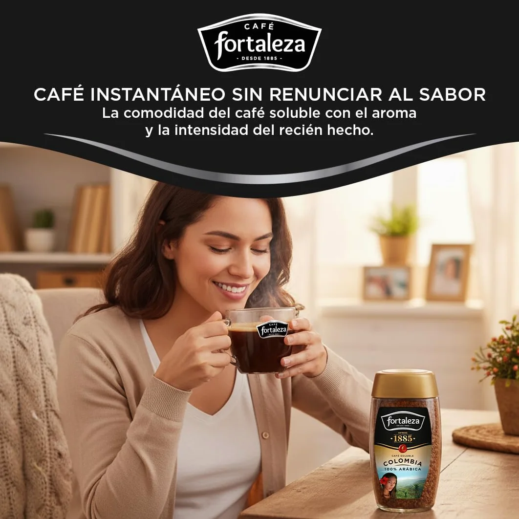 CAFÉ FORTALEZA Café Soluble 100% Arábica de Colombia Pack 100g x 6 (Total 600g) - Café Instantáneo Suave con Matices Florales y Herbales - Café Soluble de Tueste Natural para Despertar tu Día