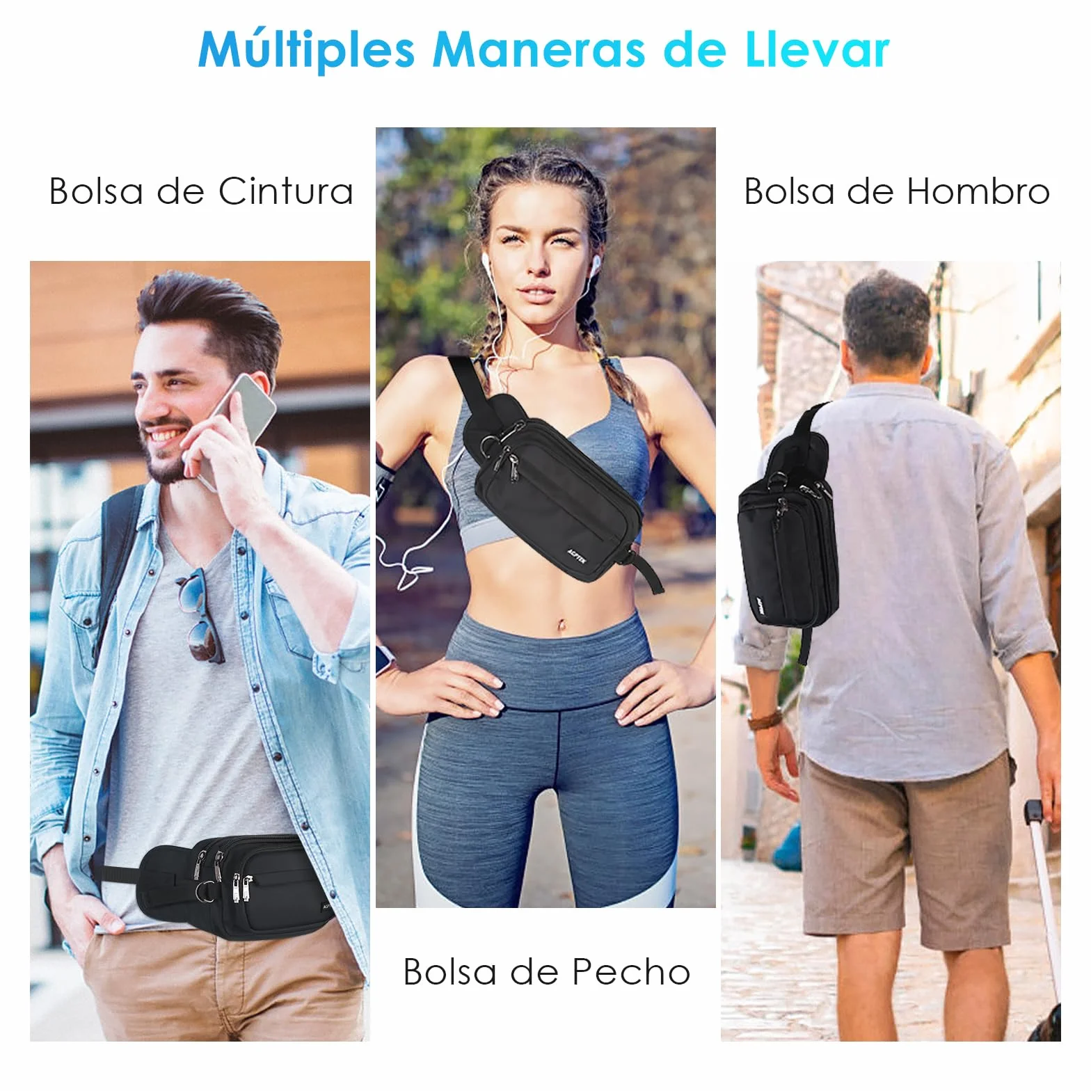 AGPTEK Riñonera Deportiva Grande Antirrobo RFID 5 Bolsillos Cinturón Ajustable para Running Viaje