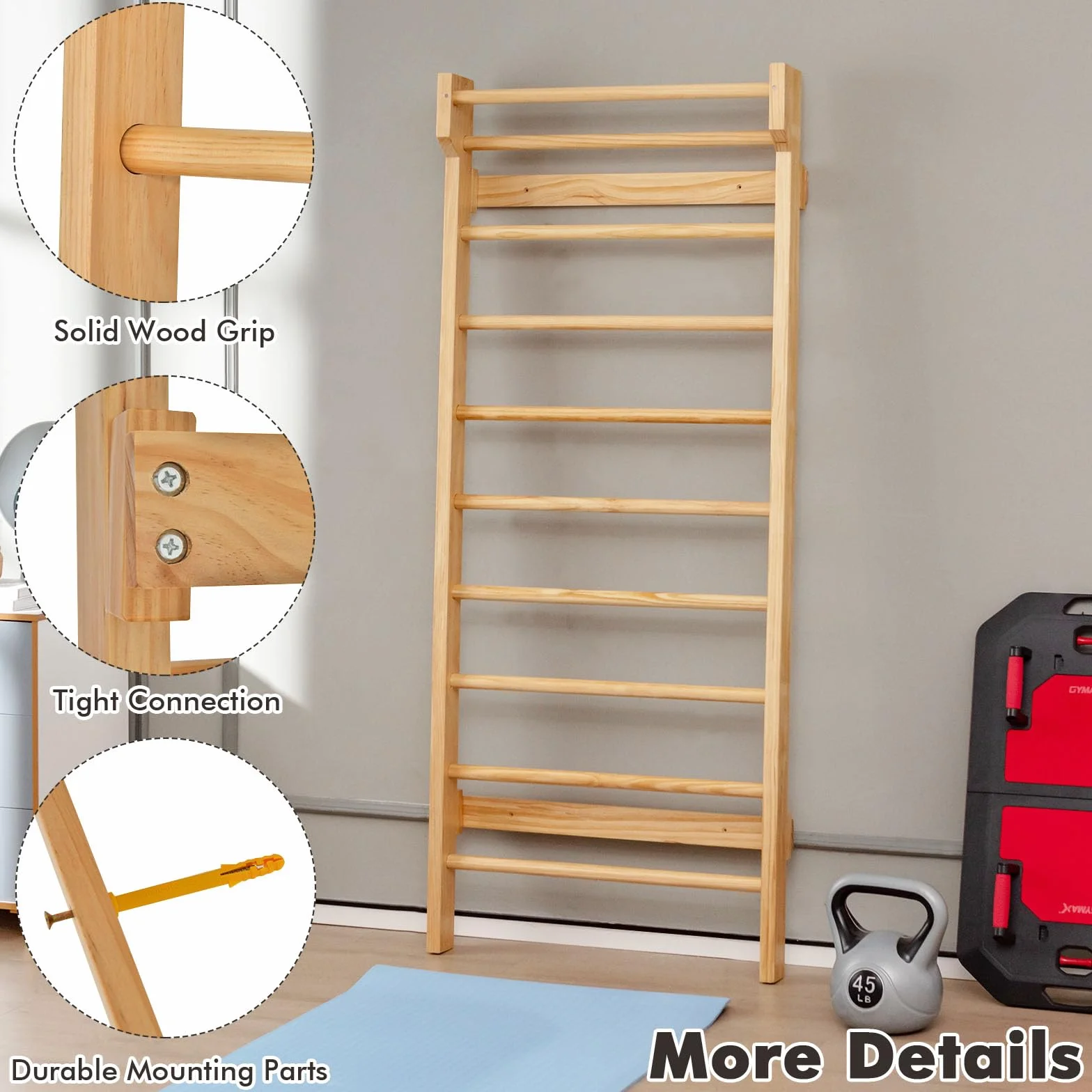 HOMASIS Barra de pared de madera sueca, Escalera de gimnasio interior, Pared de escalada 100 kg 81x14x195 cm Natural