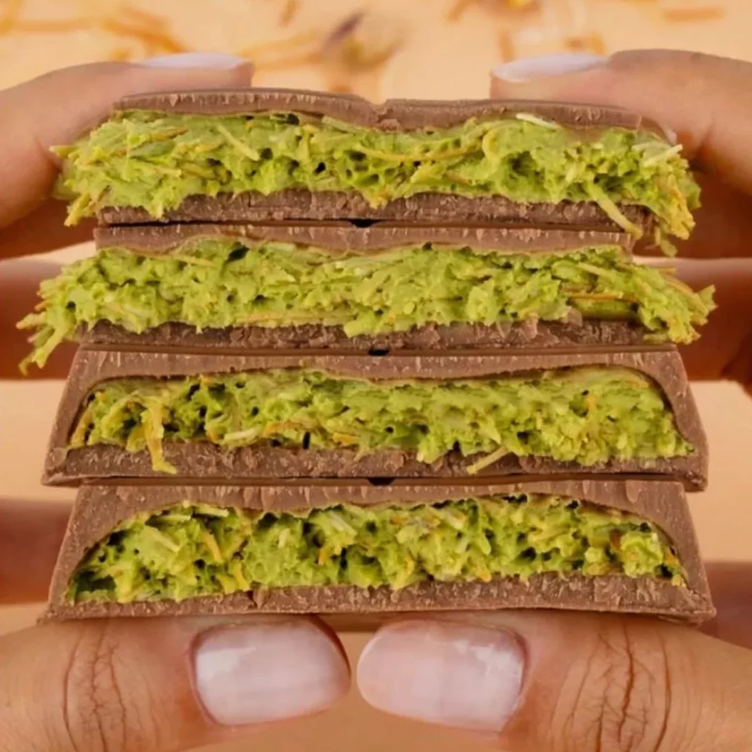 Dubai Chocolate 100 g, con chocolate, pistacho y kadaif y muchas otras variedades, pistacho, adhesivo de Heartforcards®