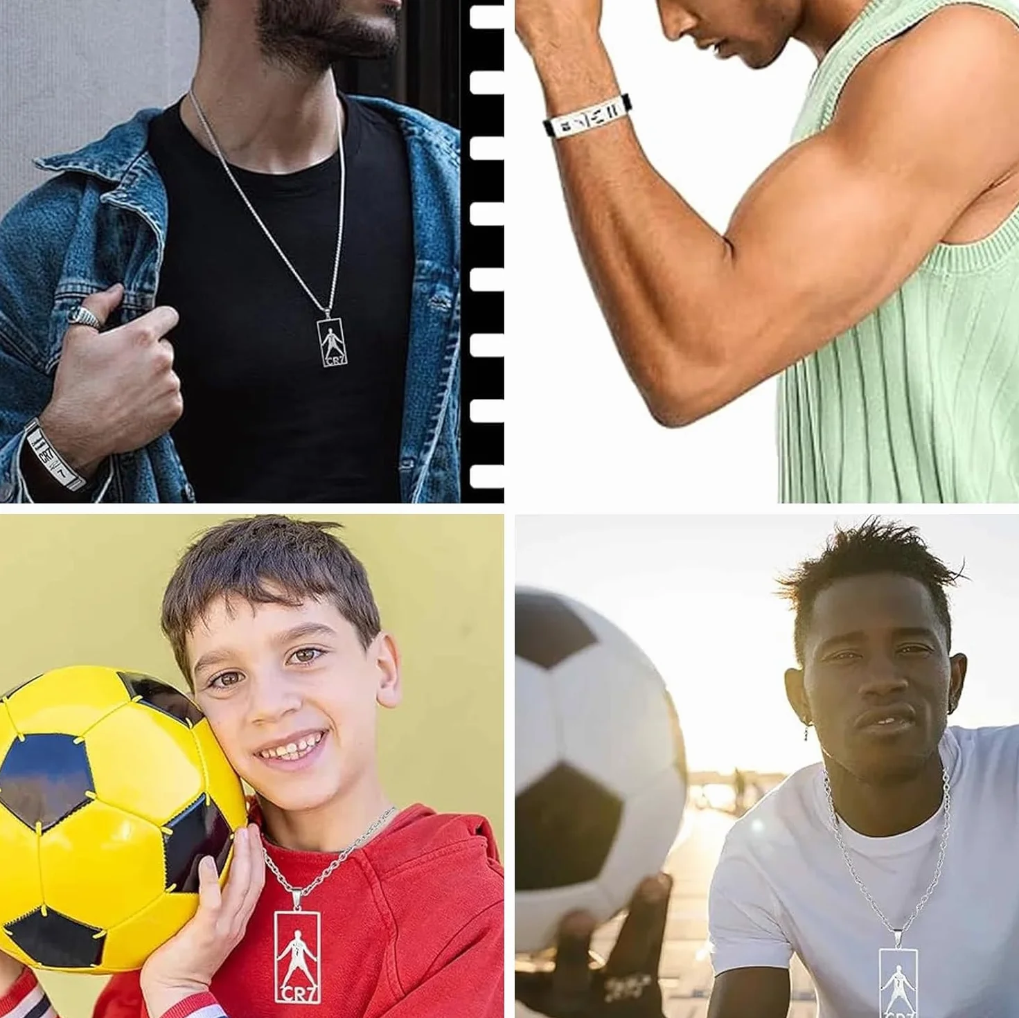 Pulsera de estrella de fútbol Cr7 para niños, regalo de fútbol (plata + collar)