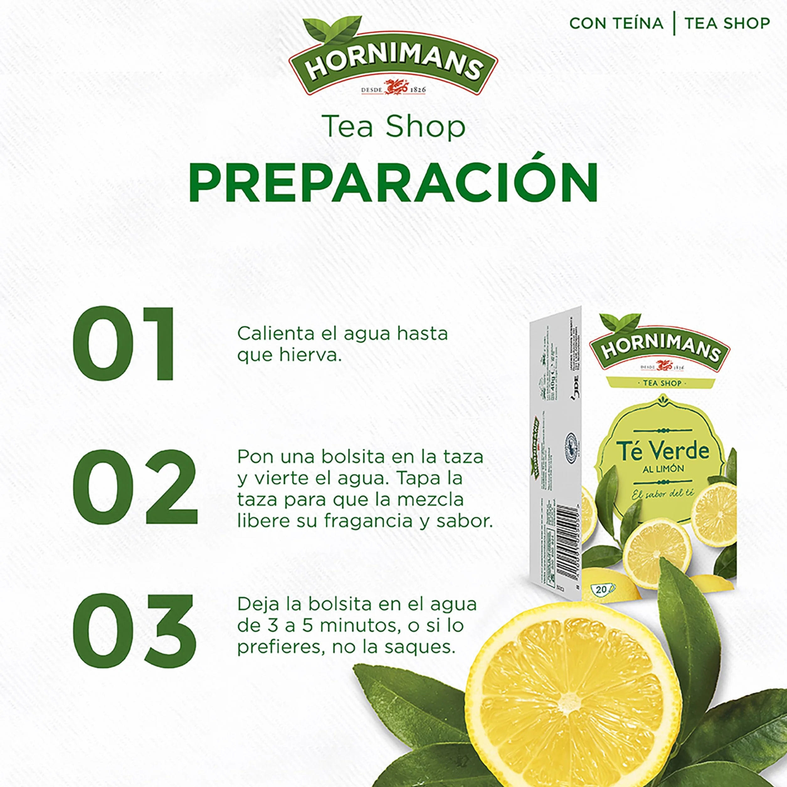 Hornimans Té Verde al Limón Ingredientes 100% Naturales | 20 bolsitas | Con Teína