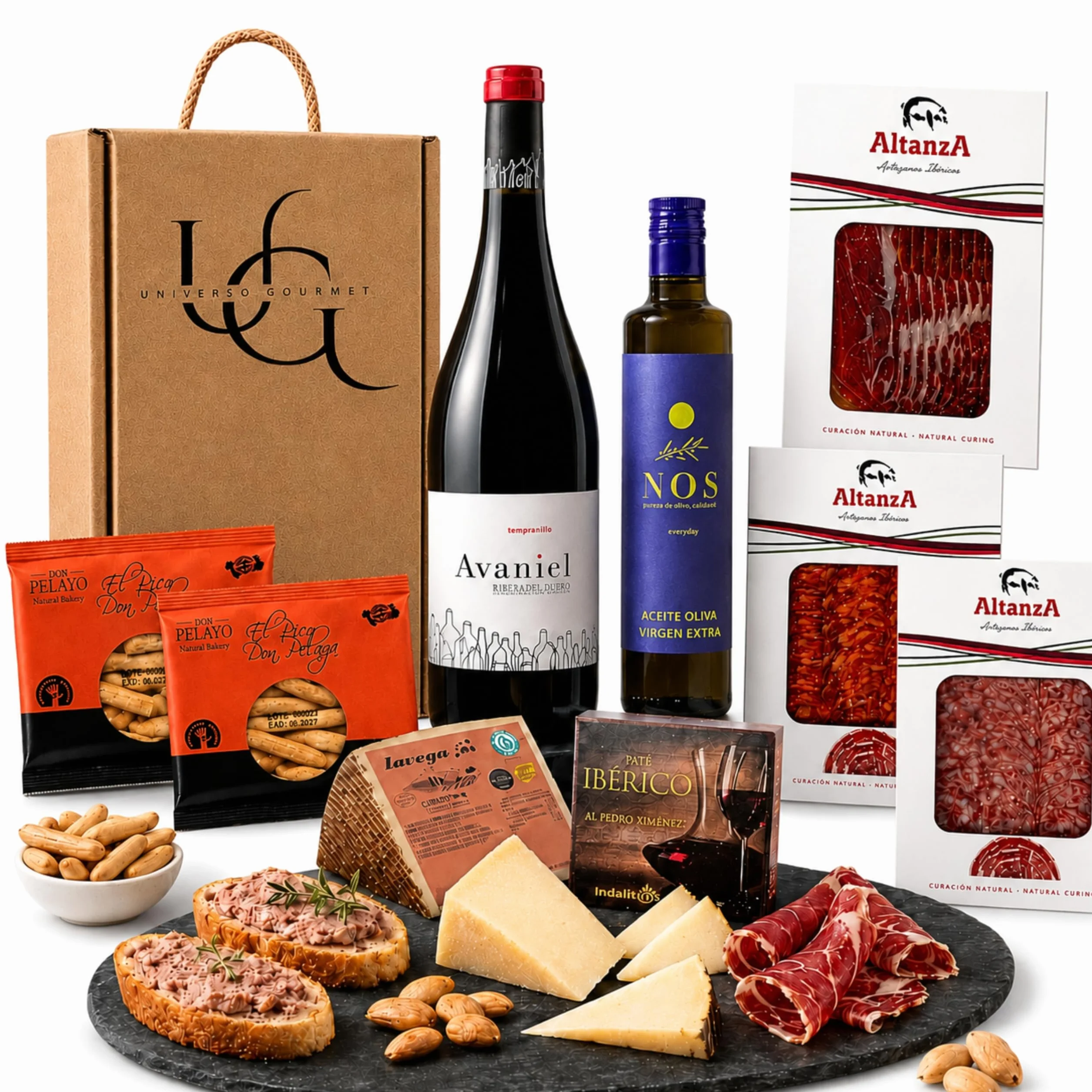Cesta Gourmet Regalo Vino DO Ribera Aceite Oliva Virgen Extra Embutidos Ibericos Bellota Paleta Ibérica Queso Curado