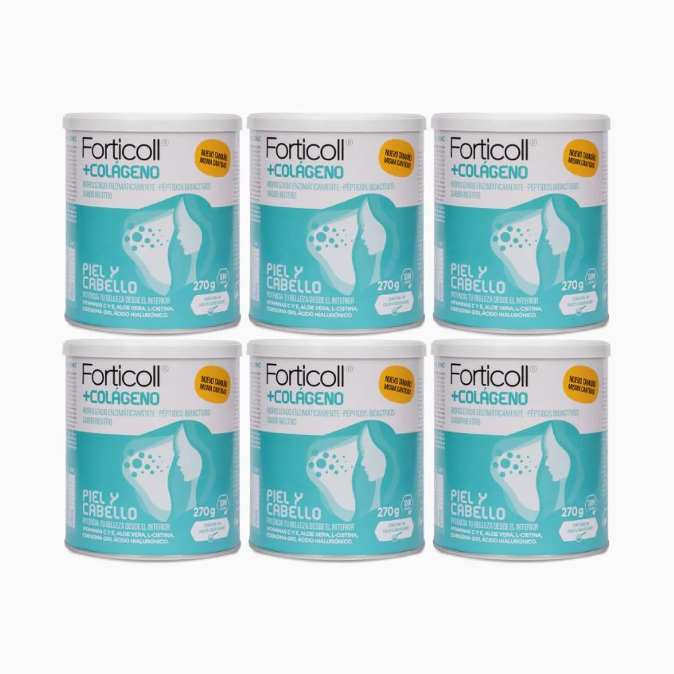 FORTICOLL Colágeno Bioactivo, Complemento Alimenticio, Sin Gluten, Sin Lactosa, Piel y Cabello Regenerador de Tejidos, 270 Gramos, Pack 6 Unidades