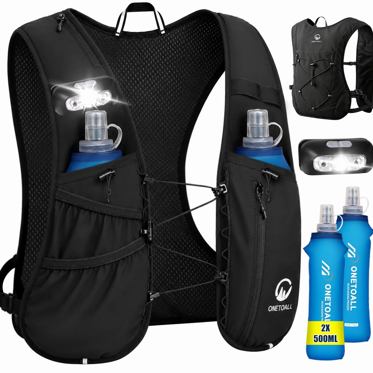 Chaleco Hidratacion Trail Running para Hombre Mujer con 2× Soft Flask 500ml y Luz LED Recargable Ultraligero