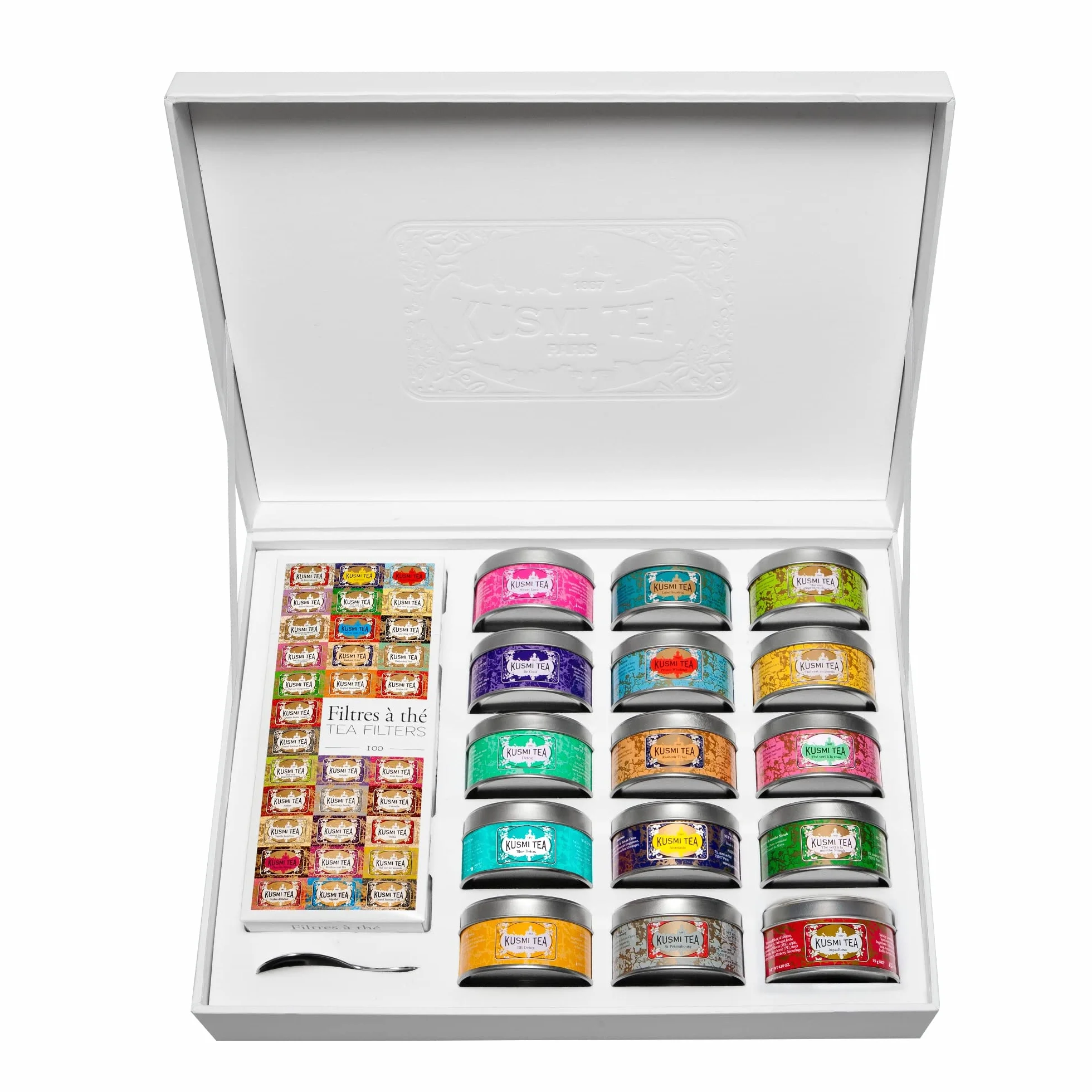 Kusmi Tea - La Colección - Estuche de 15 latas de metal de 25 g de Tés Aromatizados e Infusiones a Granel - Con la lata de 100, un filtro de té y una cuchara grabada