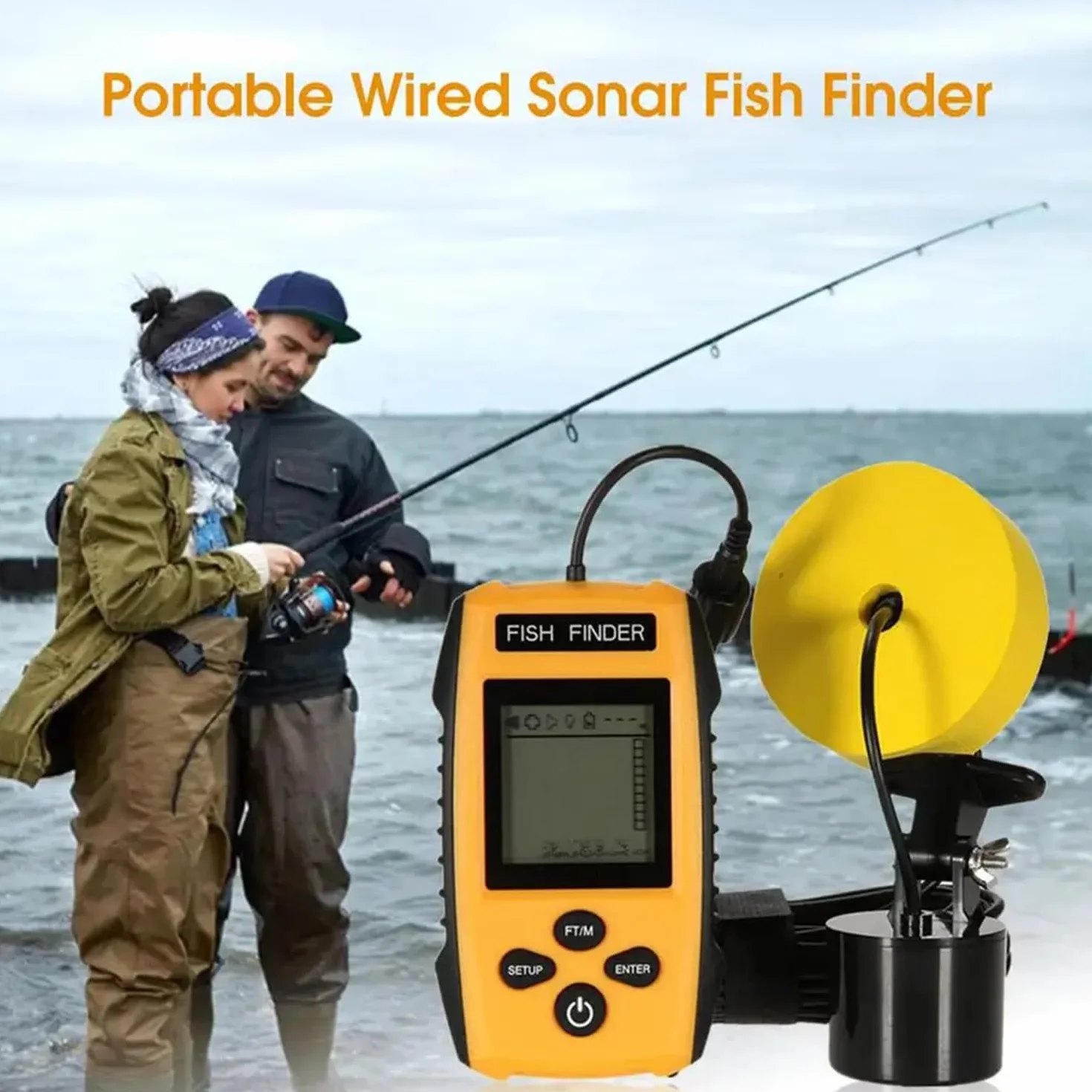 Sonar Buscador de Peces 100 m 45° Cobertura Eco Sonda Alarma Transductor Detector de Pesca Subacuática