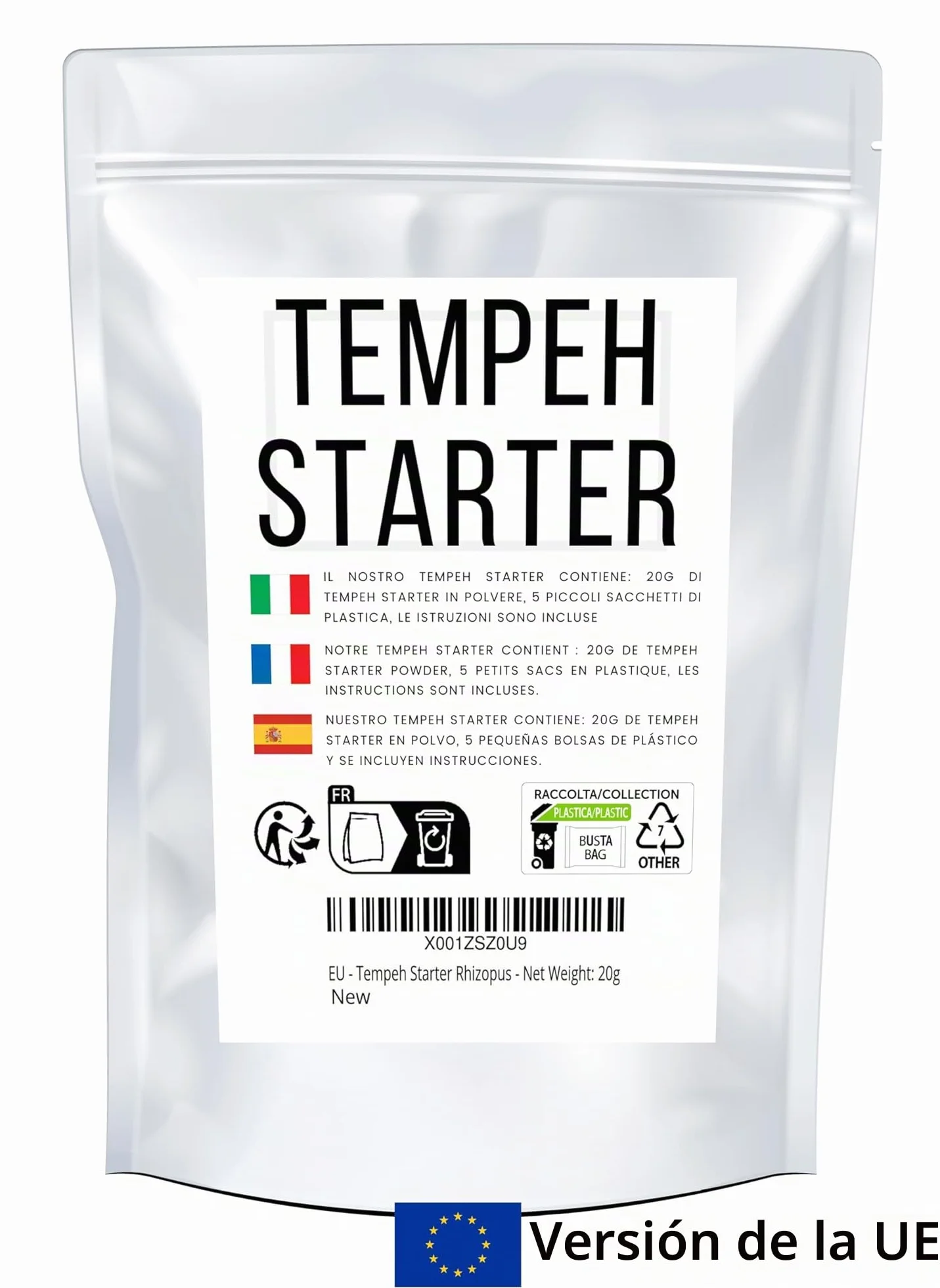 Tempeh - Cultivo iniciador con esporas de Rhizopus - Prepara un delicioso tempeh en casa, Tempeh Rhizopus rico en proteínas (Rhizopus oligosporus) - Peso neto: 19,8 g. Carne vegetal casera. Sin gluten