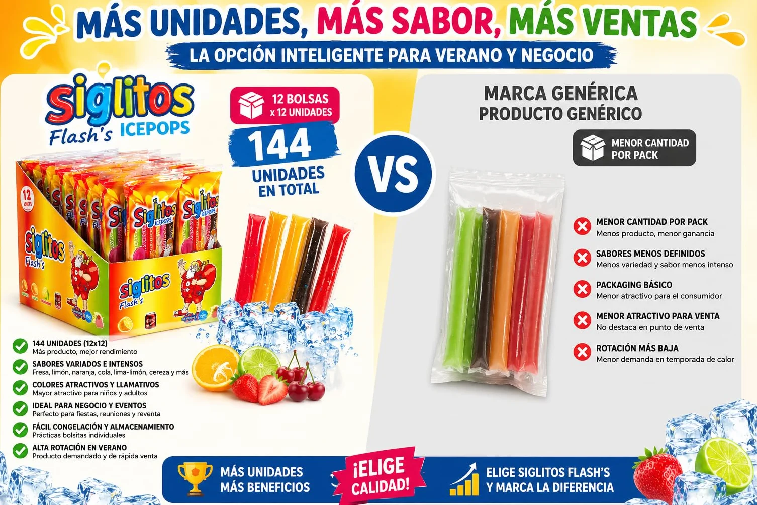 Siglitos Flash’s Ice Pops – Pack 12 Bolsas (144 Unidades) | Sabores Surtidos Frutales y Cola | Helados Tipo Flash Refrescantes para Fiestas, Verano y Negocio