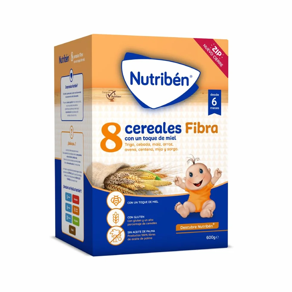 Nutribén Papilla 8 Cereales con un toque de Miel y Fibra, 3600g, Alimento para Bebés a partir de 6 meses, Sin azúcares añadidos, Sin aceite de palma, Paquete de 6 unidades de 600g