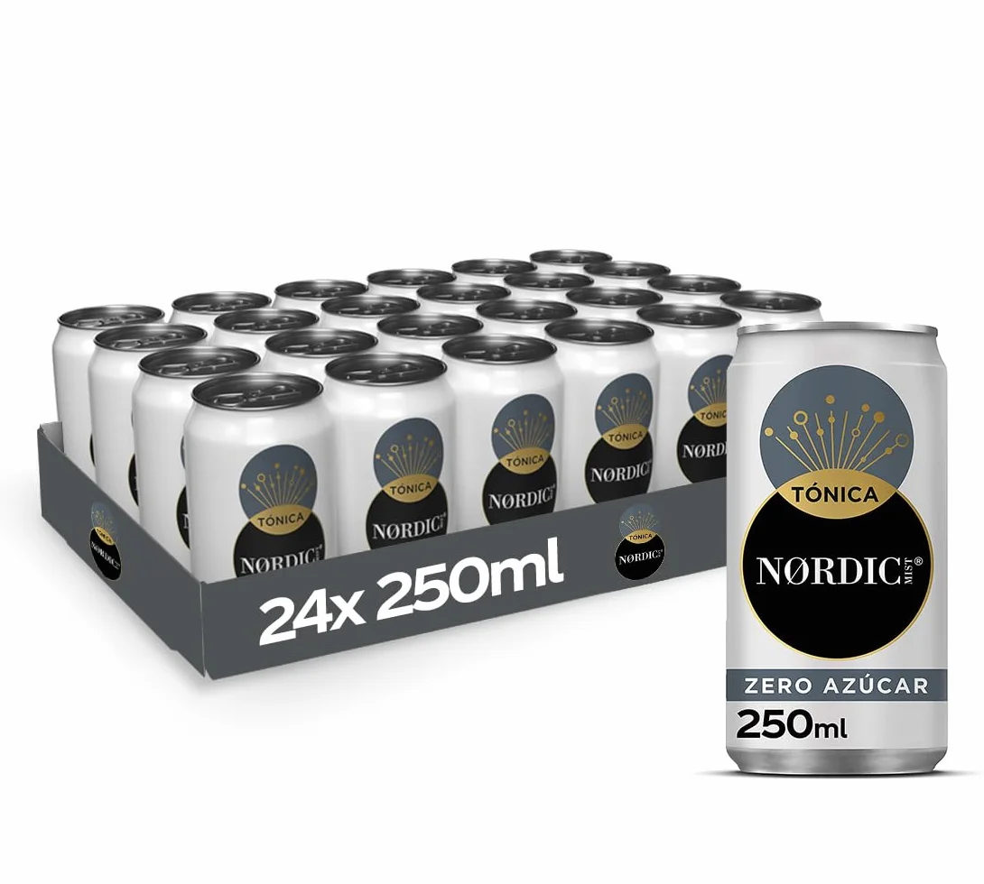 Nordic Mist Zero Azúcar, Refrescante Tónica sin Azúcar - Pack de 24 Latas de 250 ml
