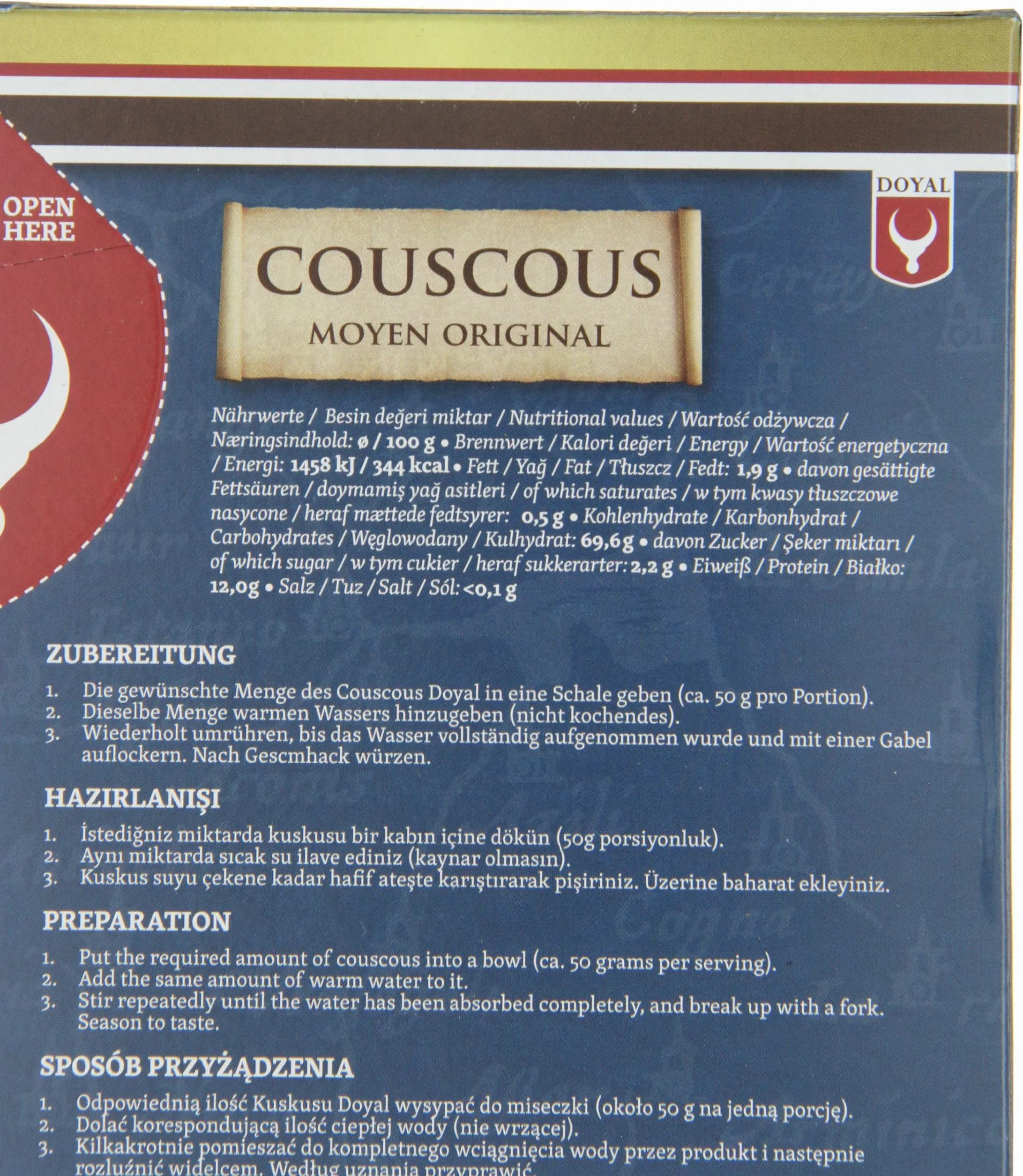 Cuscús grano medio 500 g en caja, preparación rápida 5 min, base versátil para ensaladas tipo tabulé, guarniciones y bowls, cocina árabe y mediterránea
