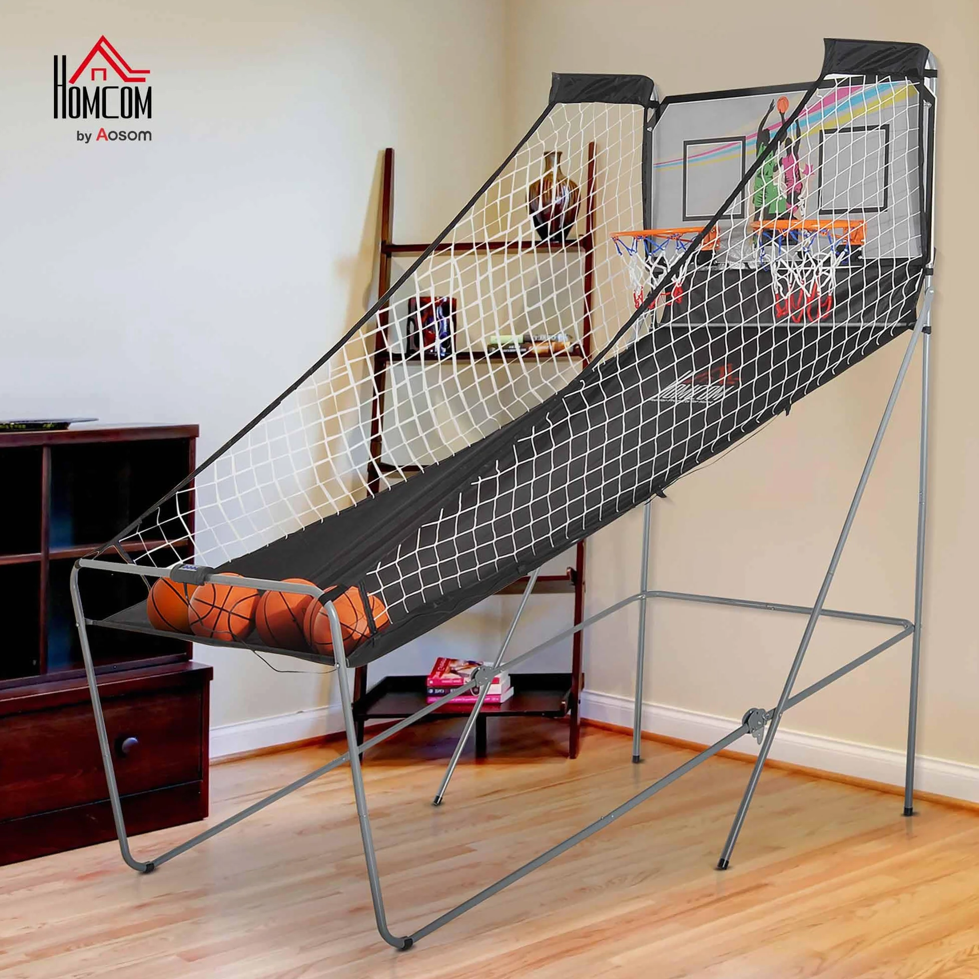 HOMCOM Juego de Canastas Plegable, Máquina de Baloncesto con Contador y Marcador Electrónico, Acero, 205x110x205 cm
