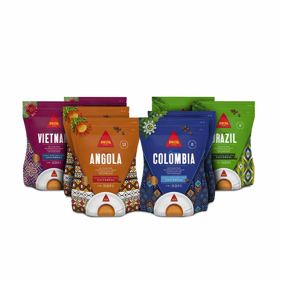 Pack Delta Cafés Orígenes - Café Molido - Color Sabor y Olor Característicos del Origen - 2 de Colombia - 2 de Angola - 2 de Vietnam - 2 de Brasil - 8 x 220 g