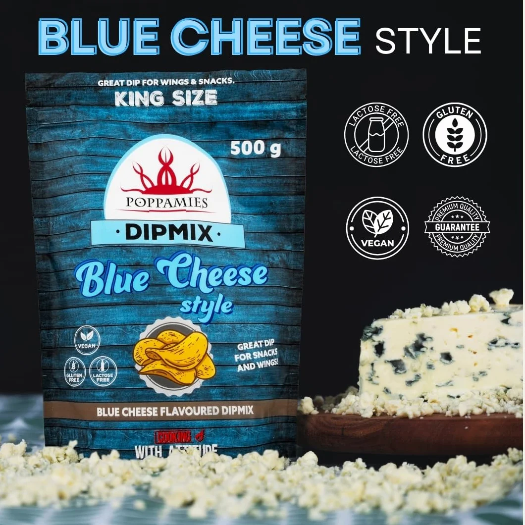 Poppamies Dipmix Blue Cheese Style – Polvo para dip vegano con sabor a queso azul, ideal para alitas, verduras y snacks – Sin gluten, sin lactosa – 500g
