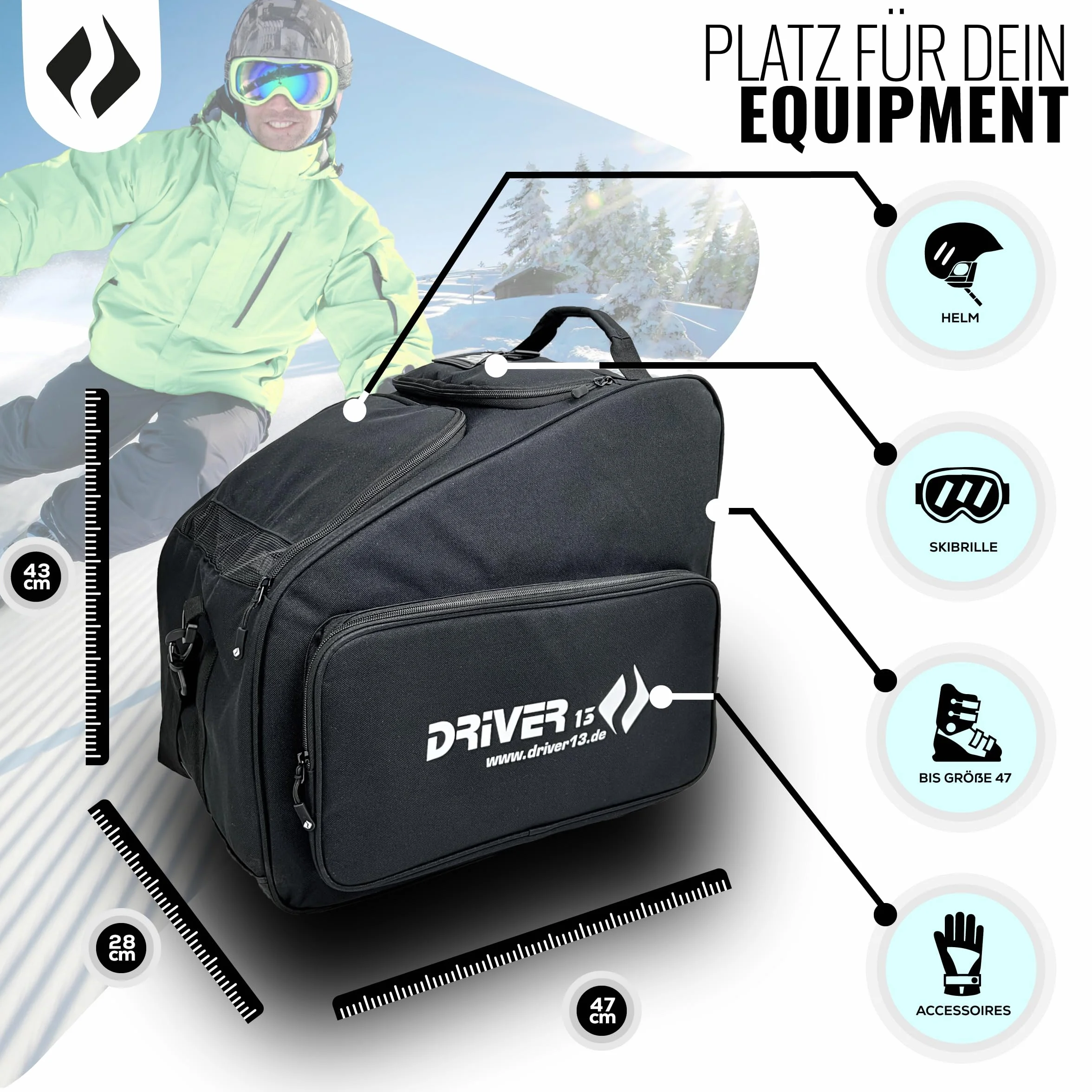 Driver13 Bolsa para Botas de esquí con Compartimento para Casco, Negro