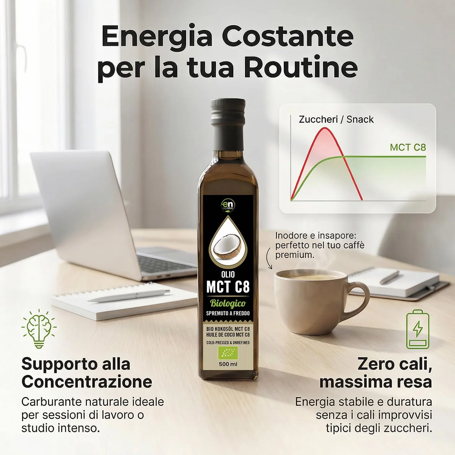 Exponatura Aceite MCT C8 Orgánico 500 ml - 100% Extracto de Aceite de Coco, Ácido Caprílico Puro - Energía Natural para Dieta Keto y Paleo - Vegano