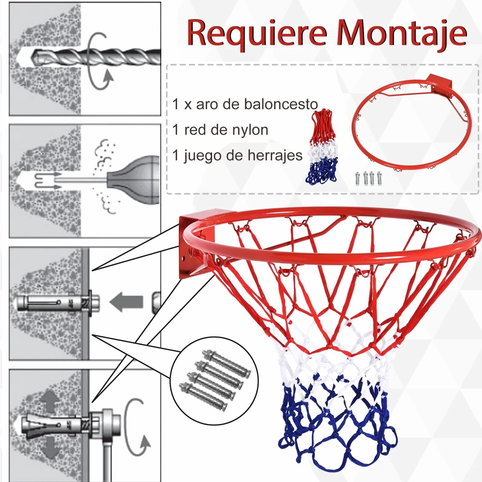 HOMCOM Canasta de Baloncesto de Pared Ø46 cm Aro con Red Marco Metálico 12 Ganchos Rojo