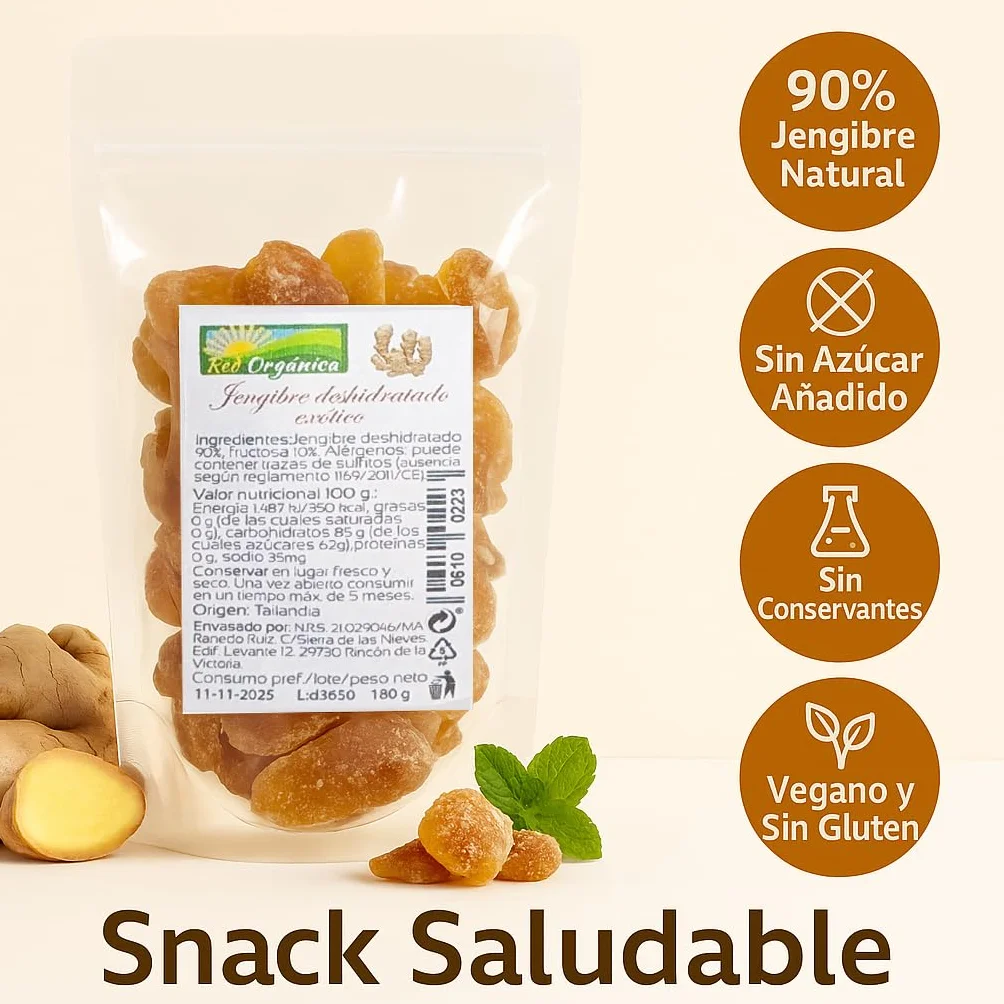 Jengibre Exótico Deshidratado 180 g Red Orgánica – Snack Natural con 10% de Fructosa, Vegano, Rico en Fibra y Antioxidantes, Ideal para Infusiones, Batidos y Repostería Saludable