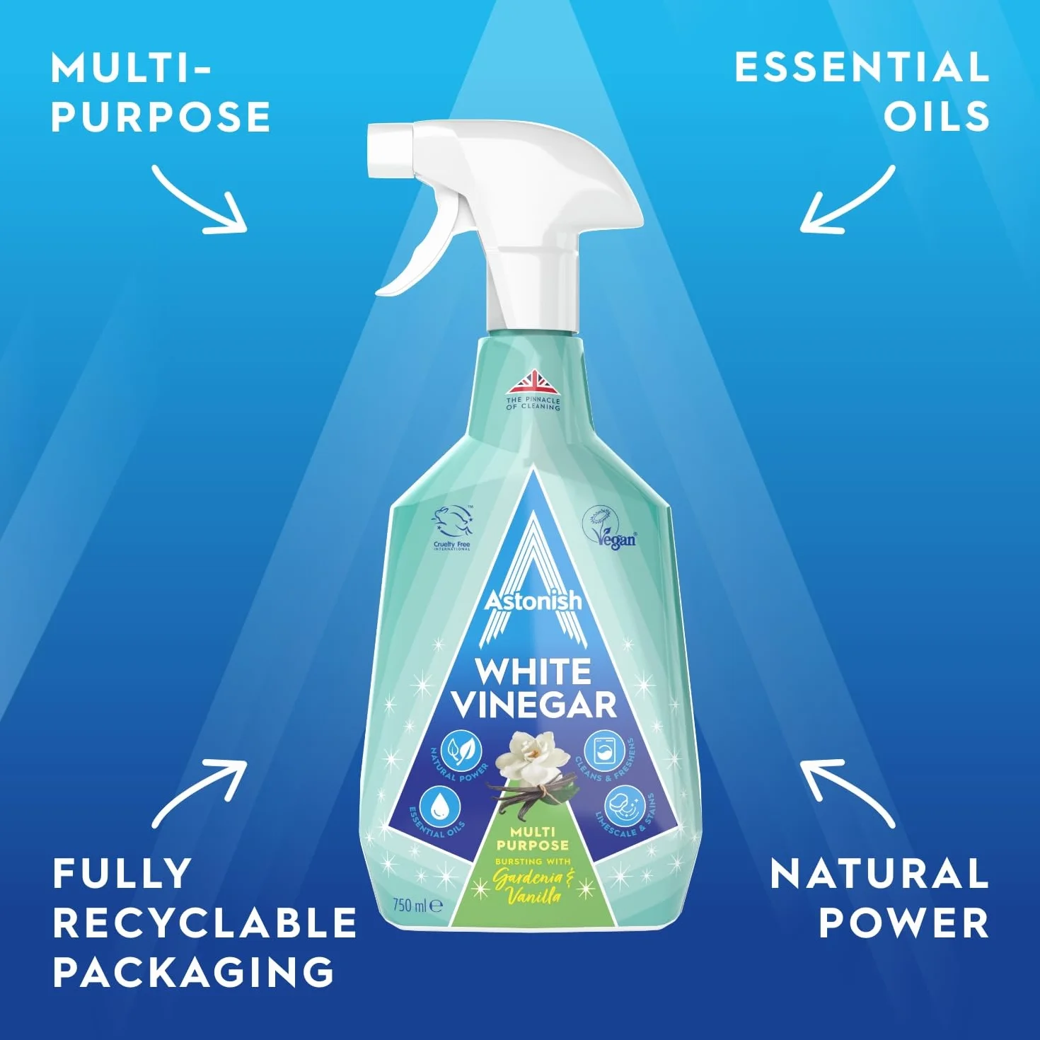 Astonish Spray de limpieza multiusos con vinagre blanco, potente limpieza para superficies, aroma de gardenia y vainilla, 750 ml