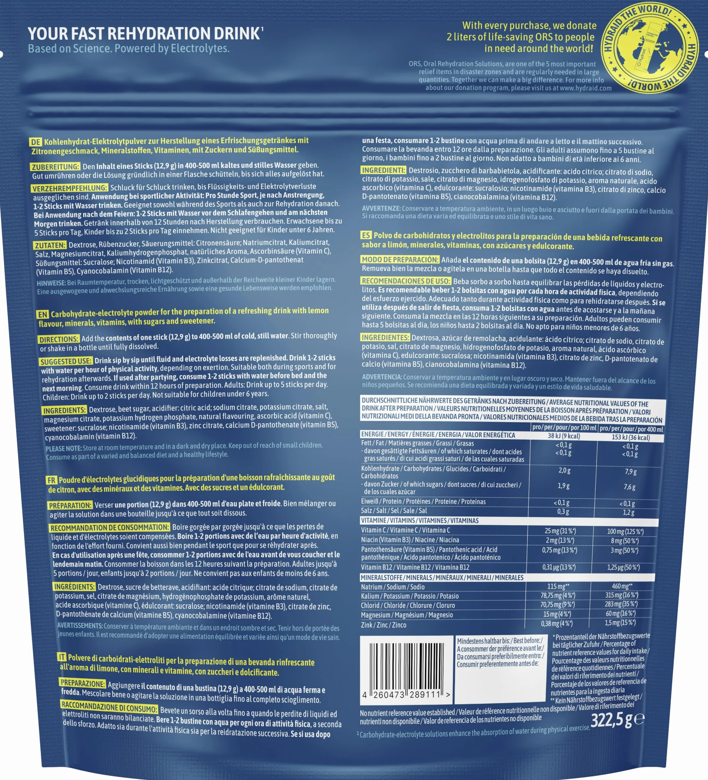 Electrolitos en polvo Hydraid® LIMÓN (1118 mg) – 25 sobres – bebida deportiva para hidratación rápida – calidad alemana