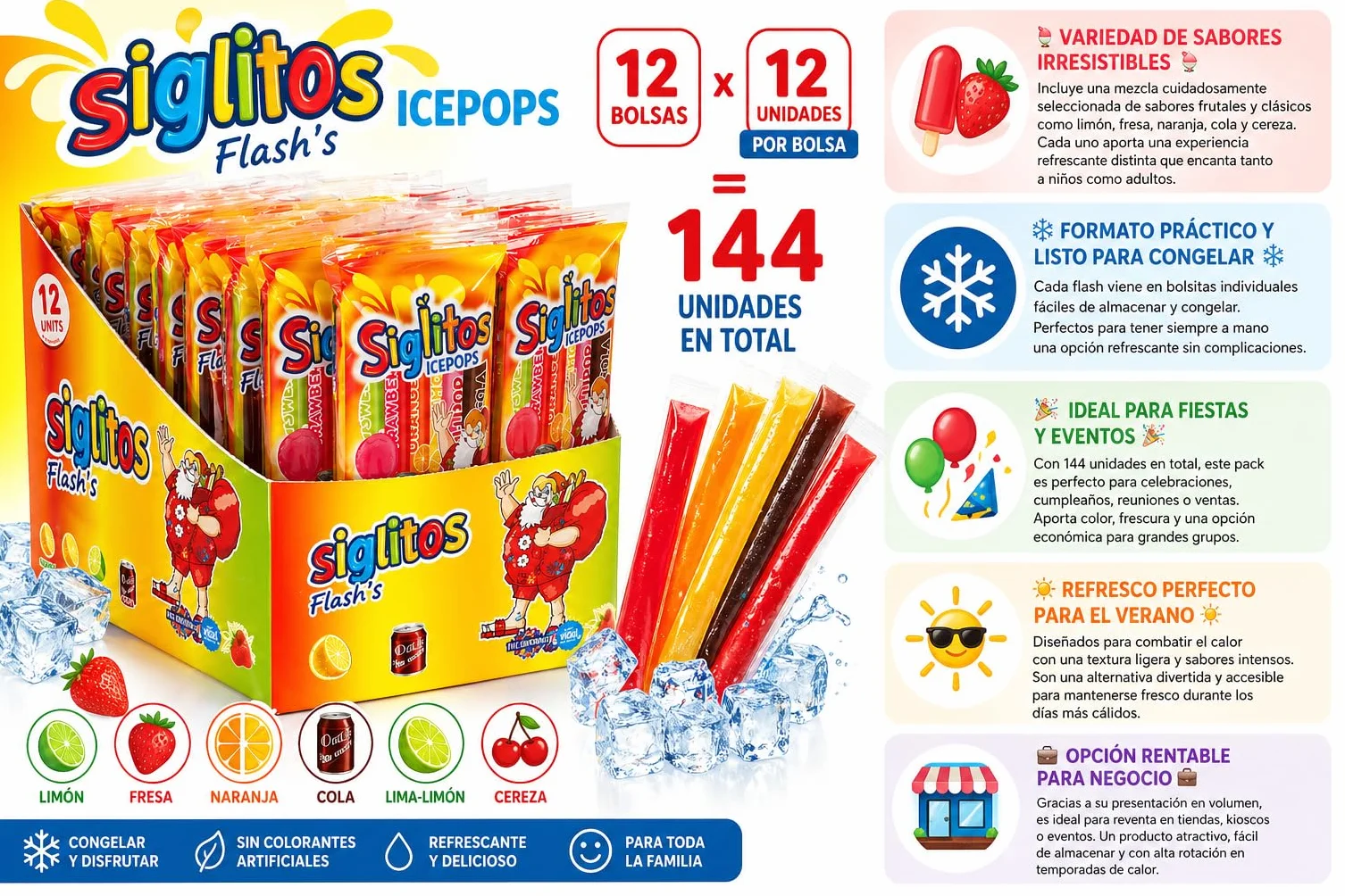 Siglitos Flash’s Ice Pops – Pack 12 Bolsas (144 Unidades) | Sabores Surtidos Frutales y Cola | Helados Tipo Flash Refrescantes para Fiestas, Verano y Negocio