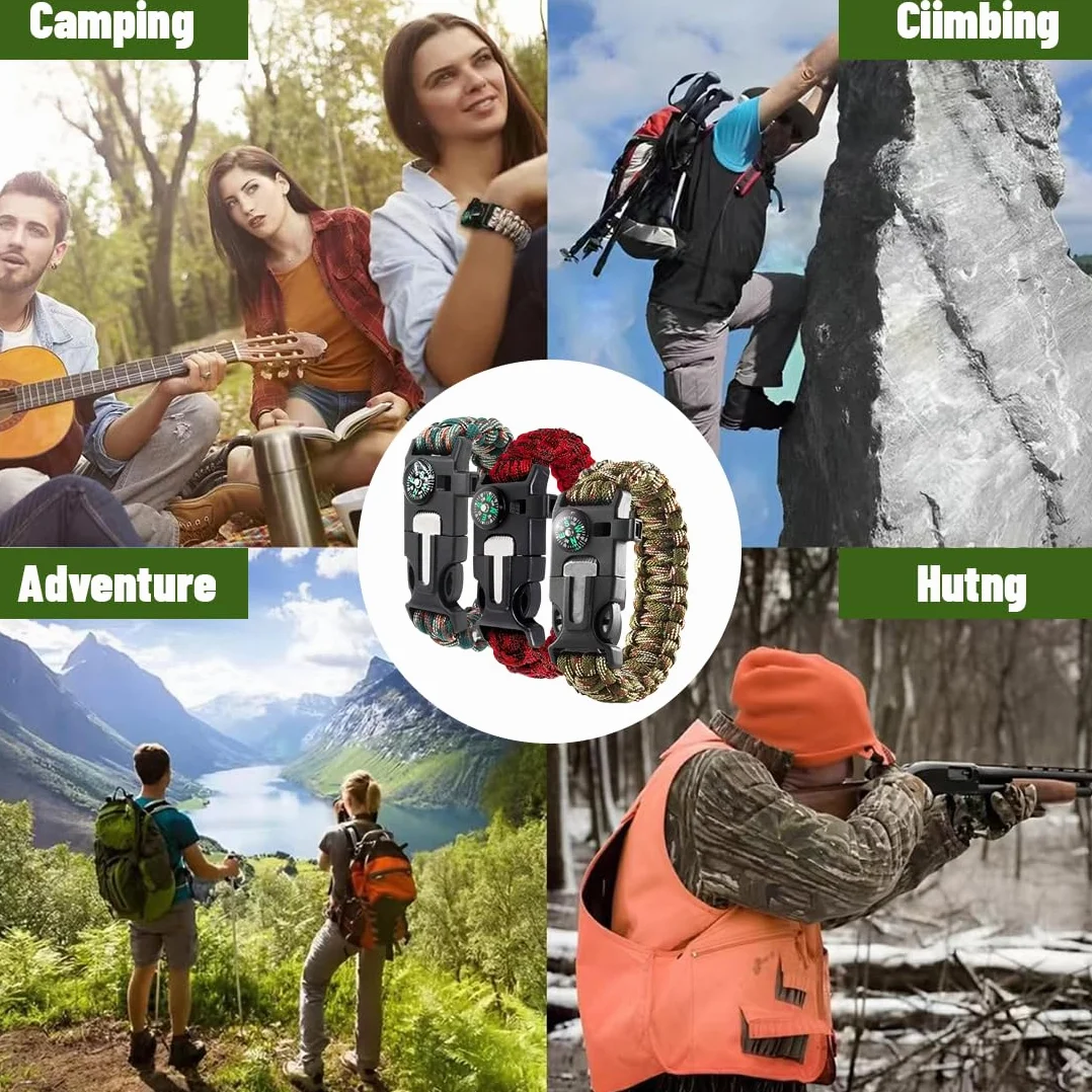 Pulsera de Supervivencia Multifuncional 3pcs con Flint Brújula Silbato para Senderismo Acampada