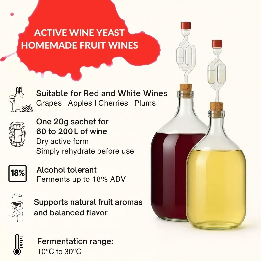 Levadura Vina 20g para Vino Tinto y Blanco, Frutas del Bosque y de Hueso Pequeño