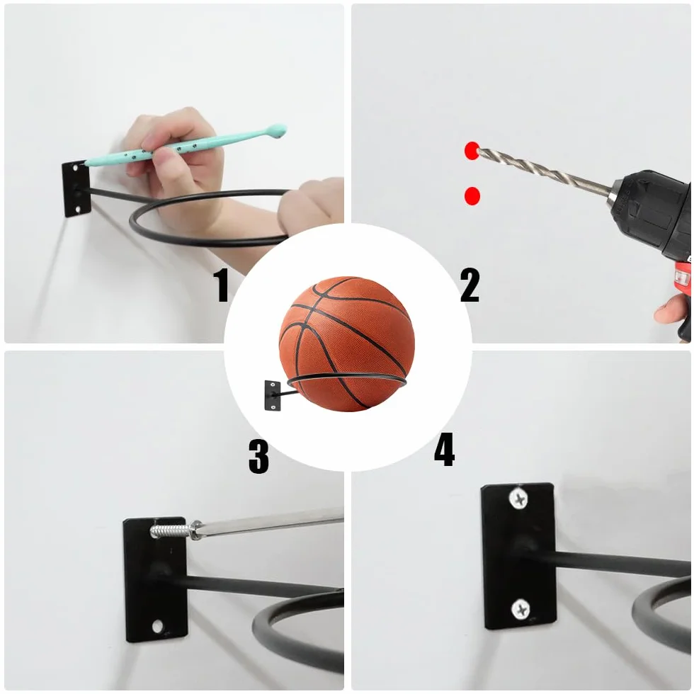 Soporte para Balones Pared 3 Piezas Estante Universal de Metal para Fútbol Baloncesto Voleibol Rugby (Negro)