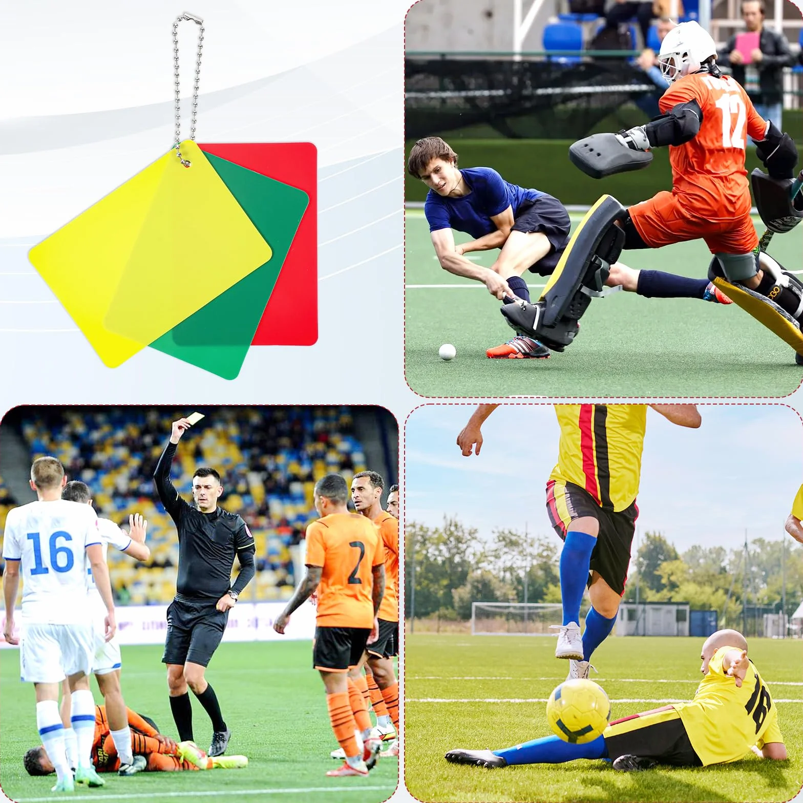 Tarjetas de fútbol verde, rojo y amarillo para árbitro penales, advertencia, expulsión