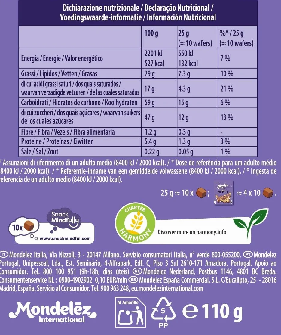 Milka Mini Wafers Galletas Barquillo con Relleno Cremoso y Cubierto de Chocolate con Leche de los Alpes 110 g