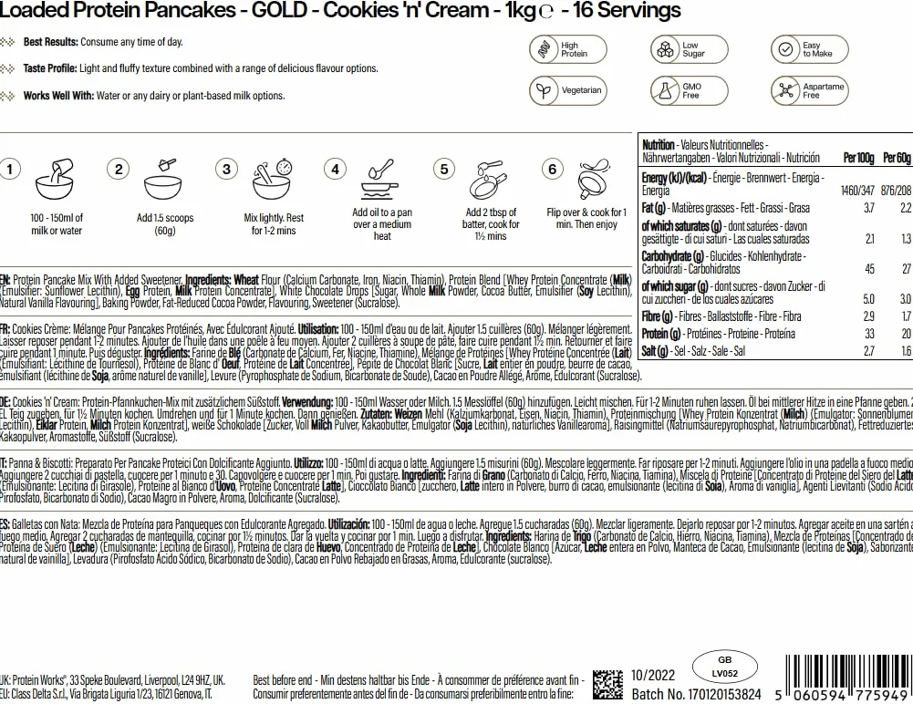 Protein Works | Loaded Protein Pancakes – GOLD Innovation, Mezcla Pancakes Proteicos Premium, Desayuno High-Protein, Bajo Azúcar & Grasa, Cookies & Cream, 16 Porciones, 1kg